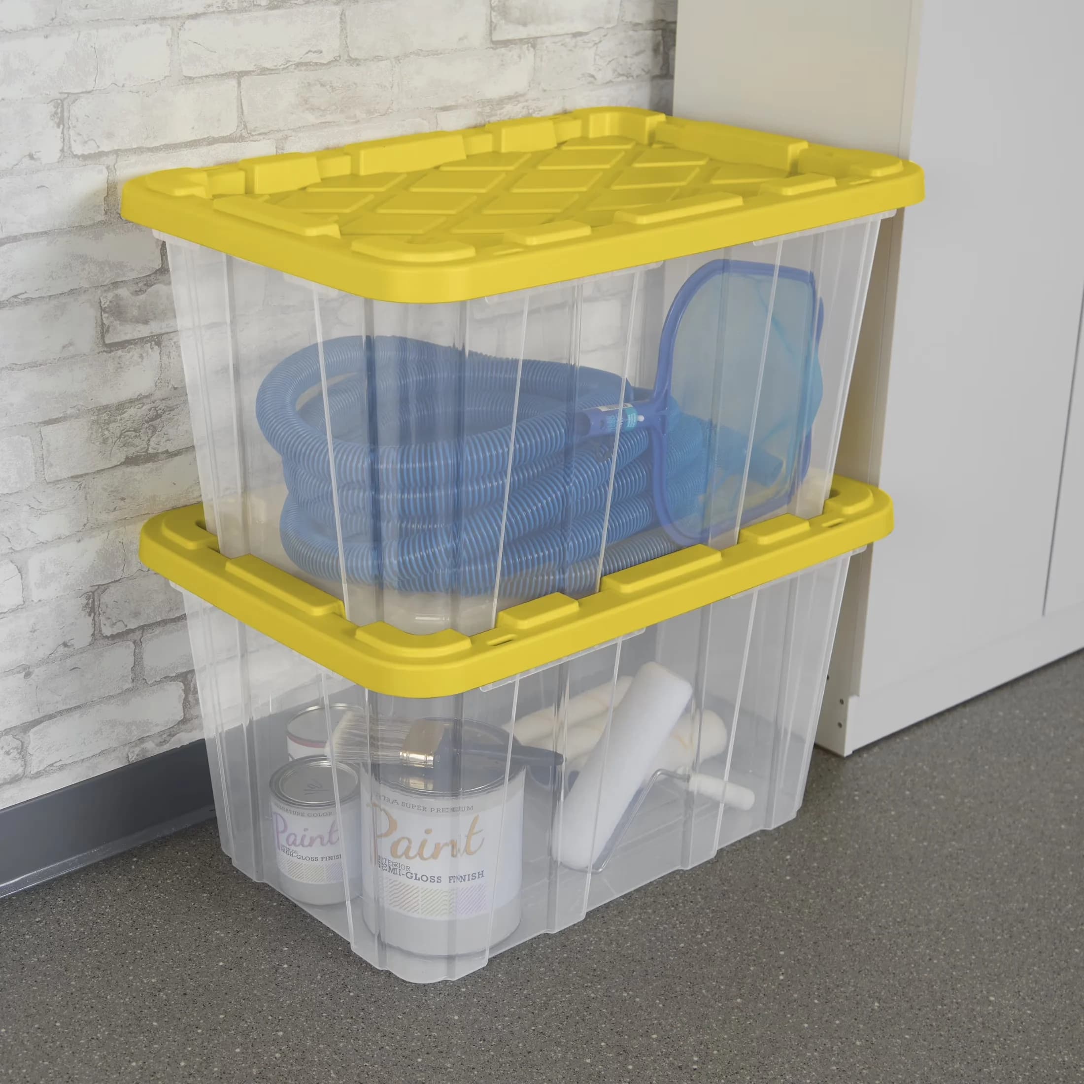 Modern Garage Storage Supply with Carrying Handles, Stackable, Yellow - Plastic Clear Model 65E2D7