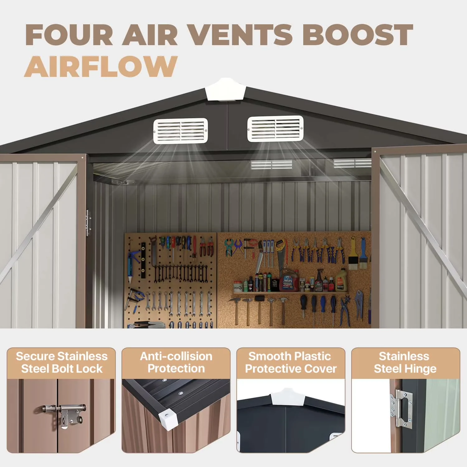 Premium Shed with Water-Resistant, 6x4ft Outdoor Metal Storage, Lockable Doors - Steel Brown for Patio Model 72D56A