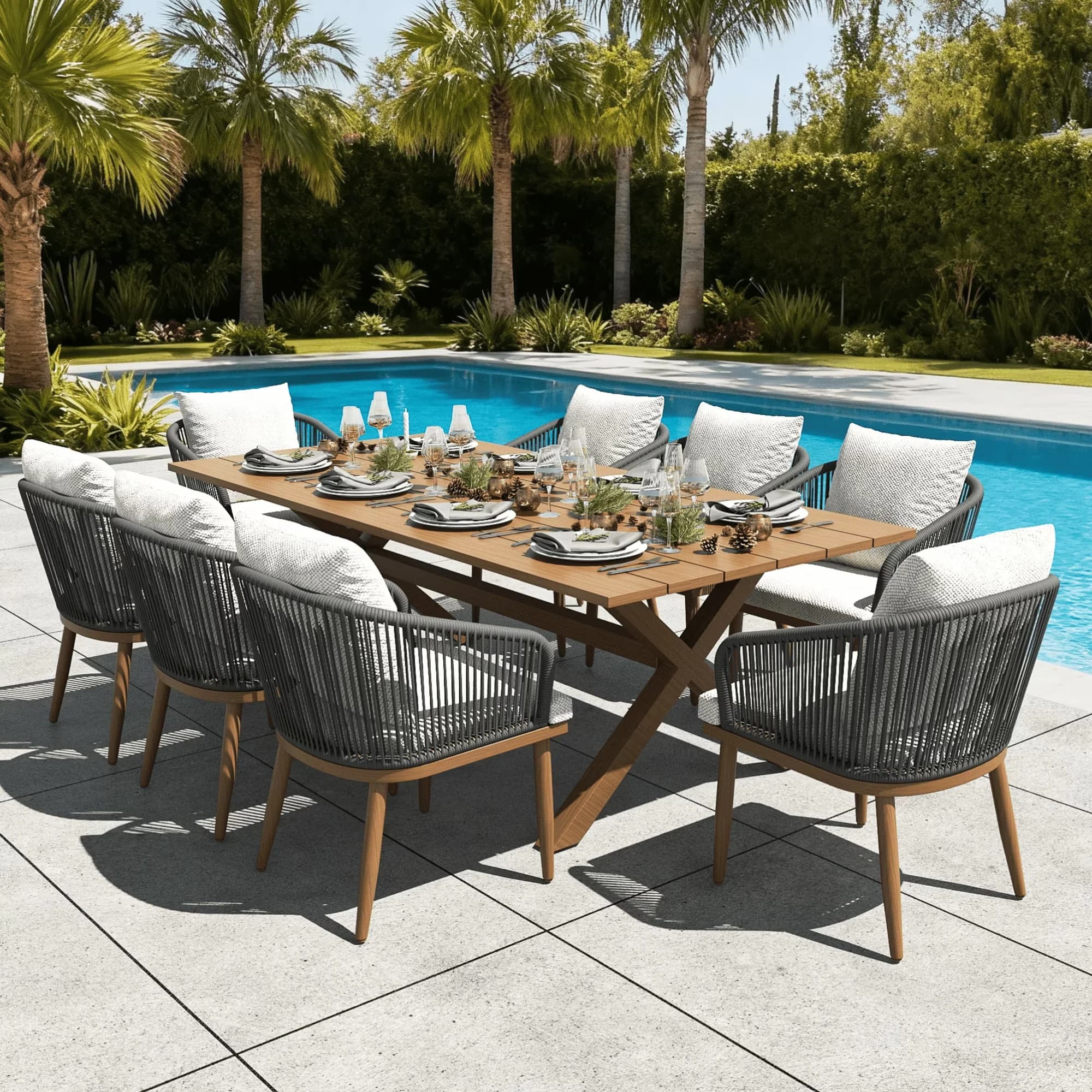 Patio Dining Set Compact with 9 Pieces Outdoor - Brown Aluminum - Standard Series Model 0F42E3