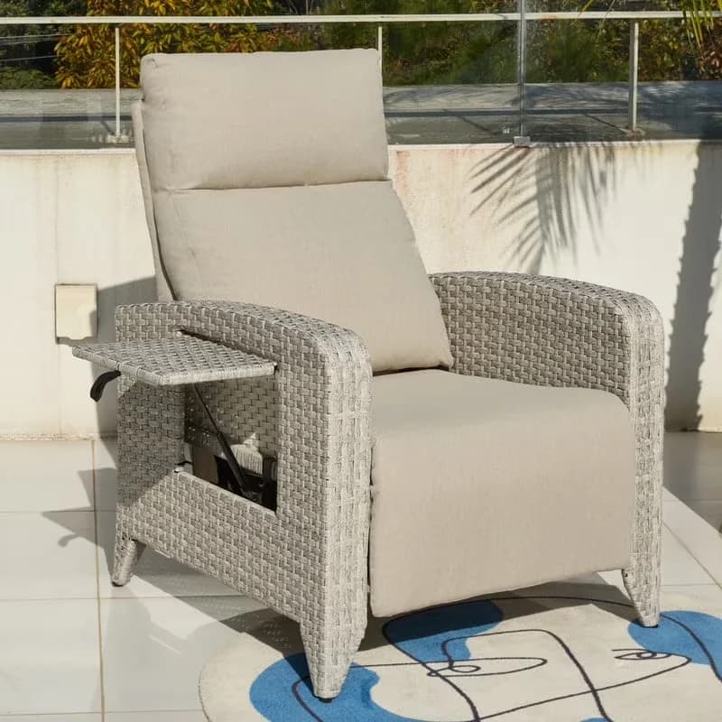 Efficient Patio Chair with Cup Holder, Contemporary, Beige - Gray Wicker, Metal Model 2A86FE