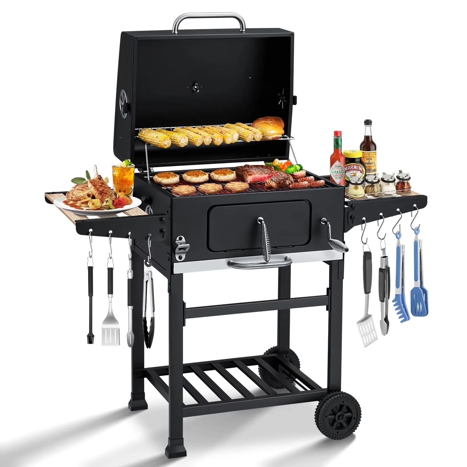 Sleek Charcoal Grill with Adjustable Charcoal Tray, Warming Rack, Thermometer - Steel Black for Patio, Garden Model 3F9025
