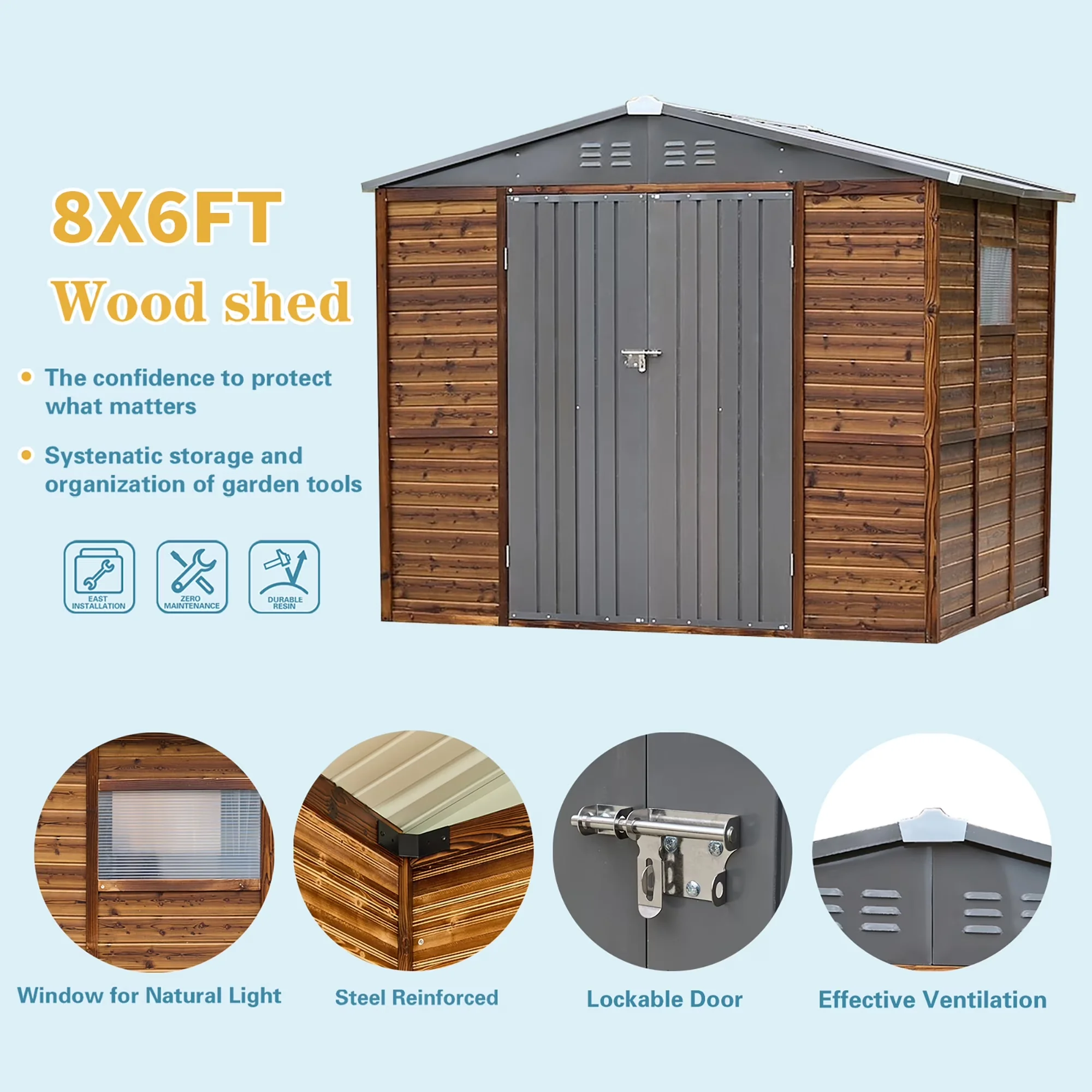 Shed Innovative with Rust Resistant - Wood Brown 6x8 - Sleek Profile Model 3EC9FB