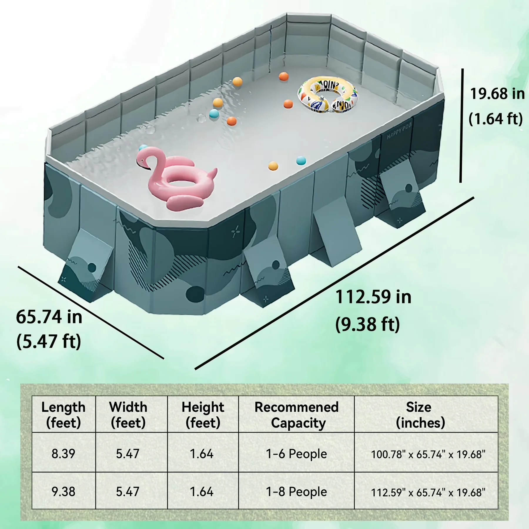 Inflatable Pool Sleek with Puncture Resistant, Material: Polyvinyl Chloride (PVC) - Green Model 69B201