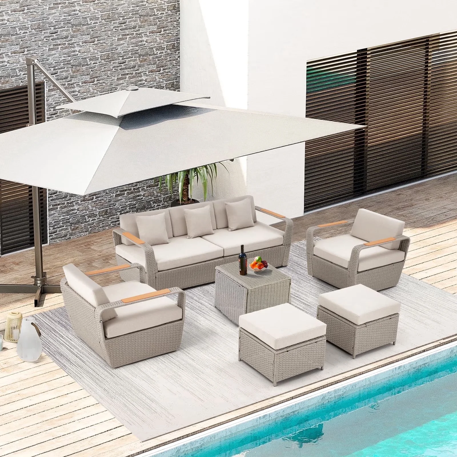 Stylish Patio Conversation Set with Light Gray, 6-Piece Rattan Outdoor Sectional Sofa, Coffee Table and Ottoman - Wicker Gray Model DC00F2