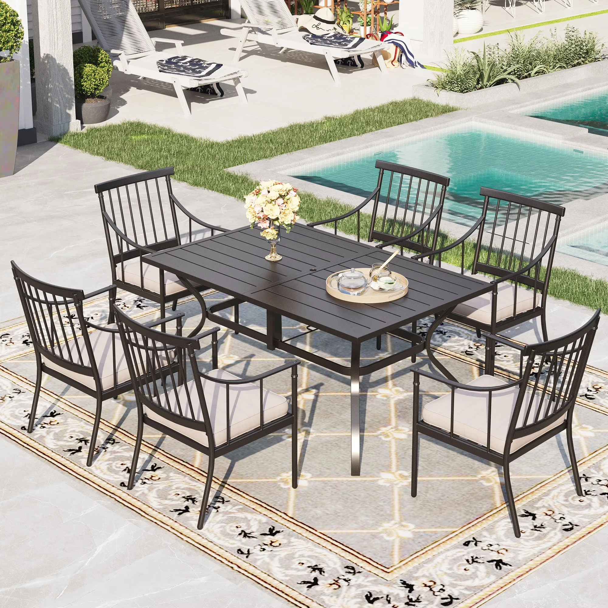Stylish Patio Dining Set with Weatherproof, Contemporary, Beige Cushions - Metal Model 3A8FD7