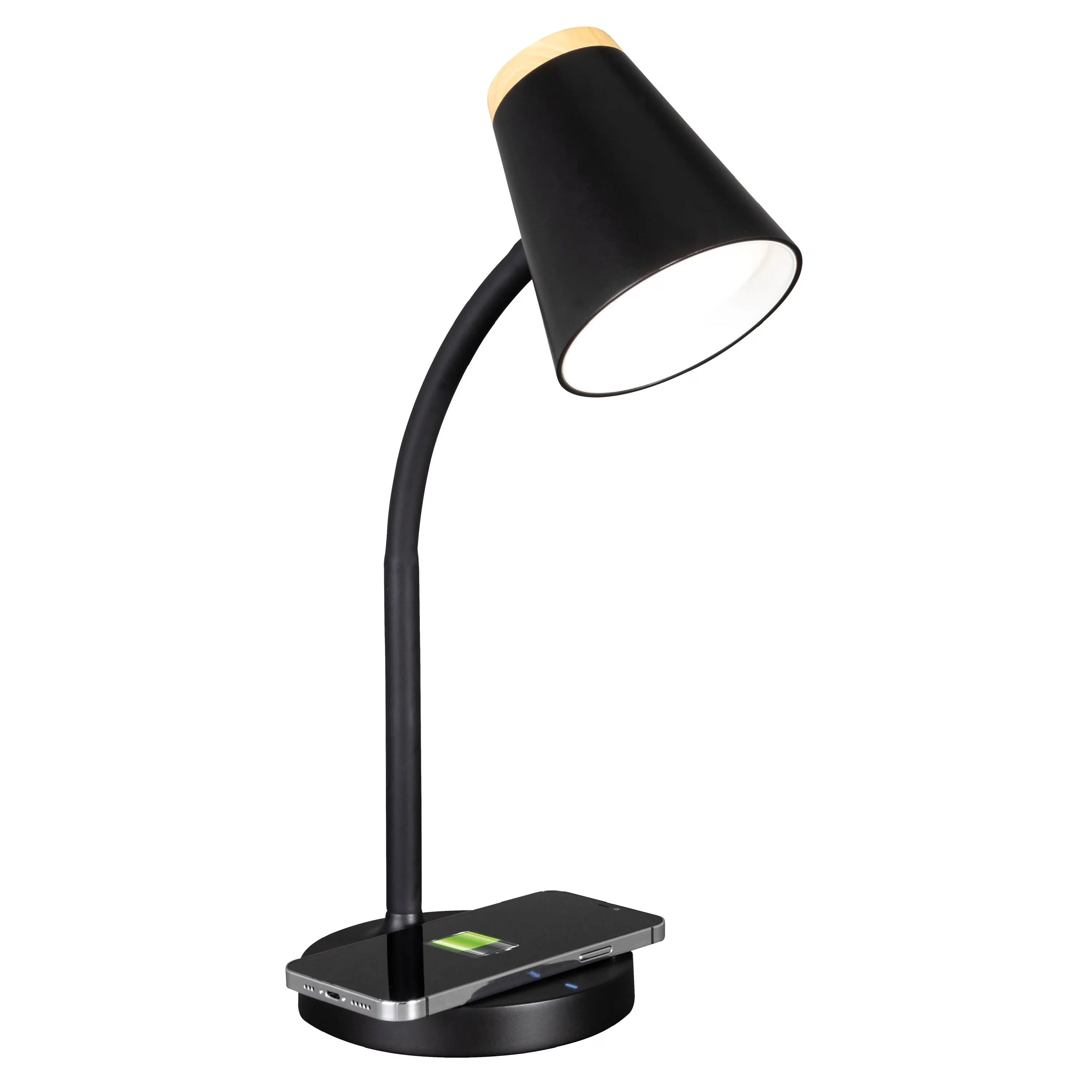Compact Desk Lamp with LED, Wireless Charging, Adjustable Head - Black Model 5A0E04