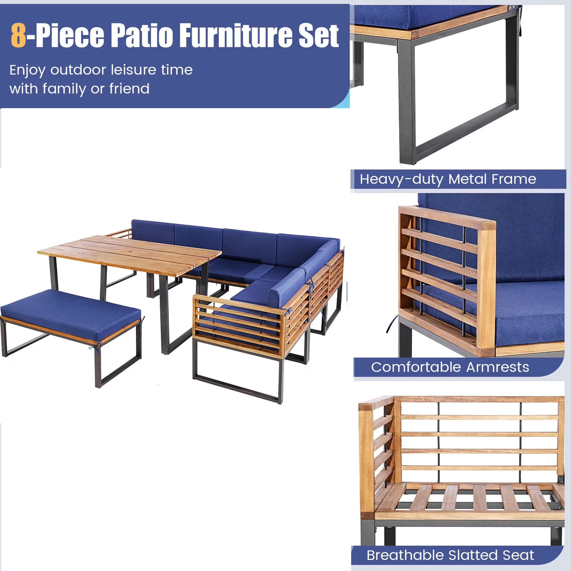Essential Outdoor Sofas Sectional with Modern - Wood Blue 8PCS - Ergonomic Design Model 3244F6