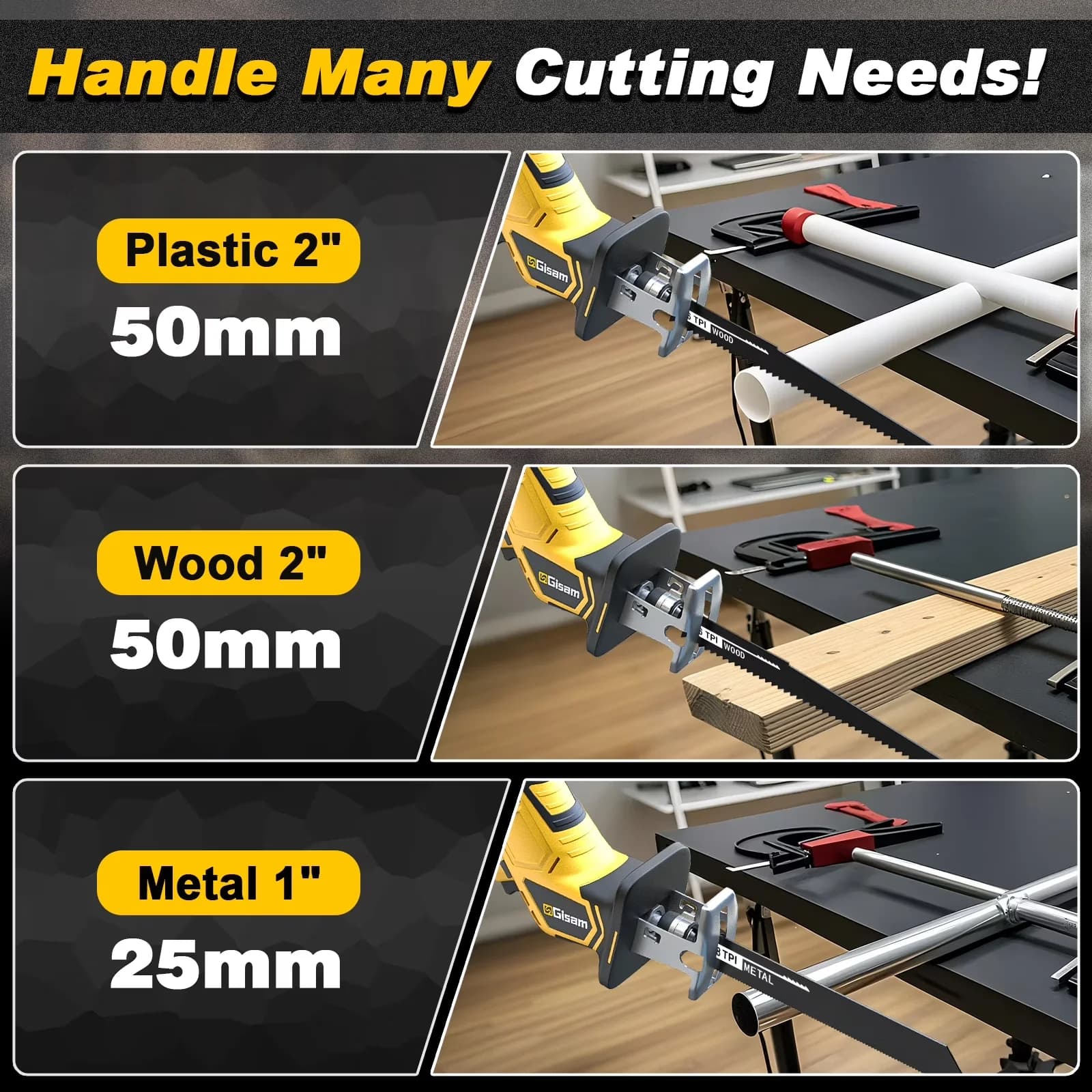 Durable Power Saw with Battery, 21V, 21V Cordless Reciprocating - Yellow Model 4E7E51