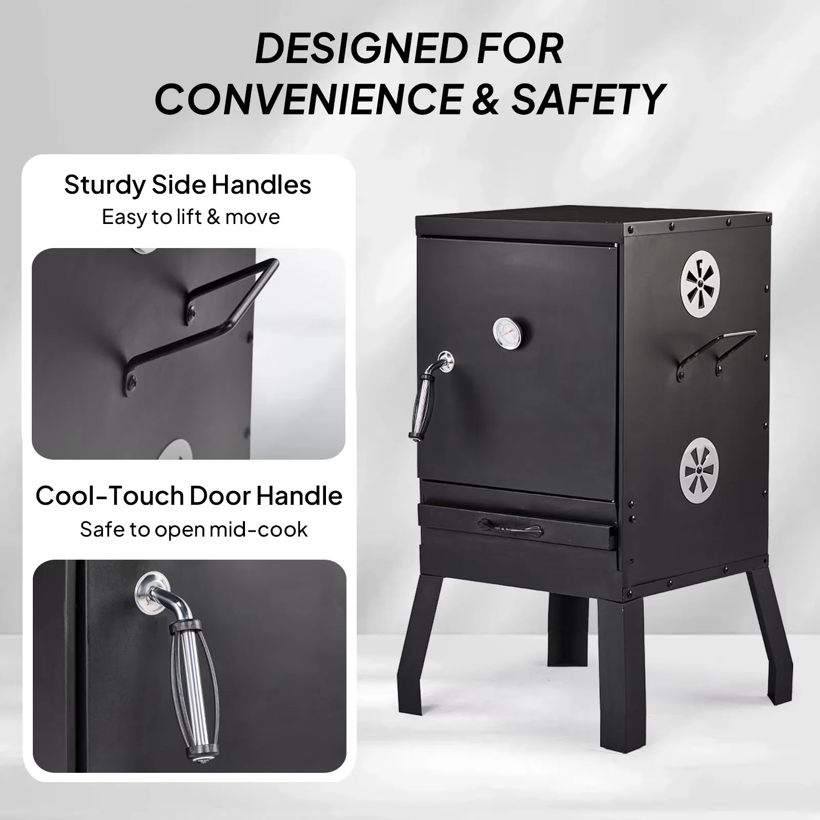 Charcoal Grill Stylish with Portable, Thermometer, BBQ Outdoor Barbecue Pit Smoker - Black Steel Model 39443D