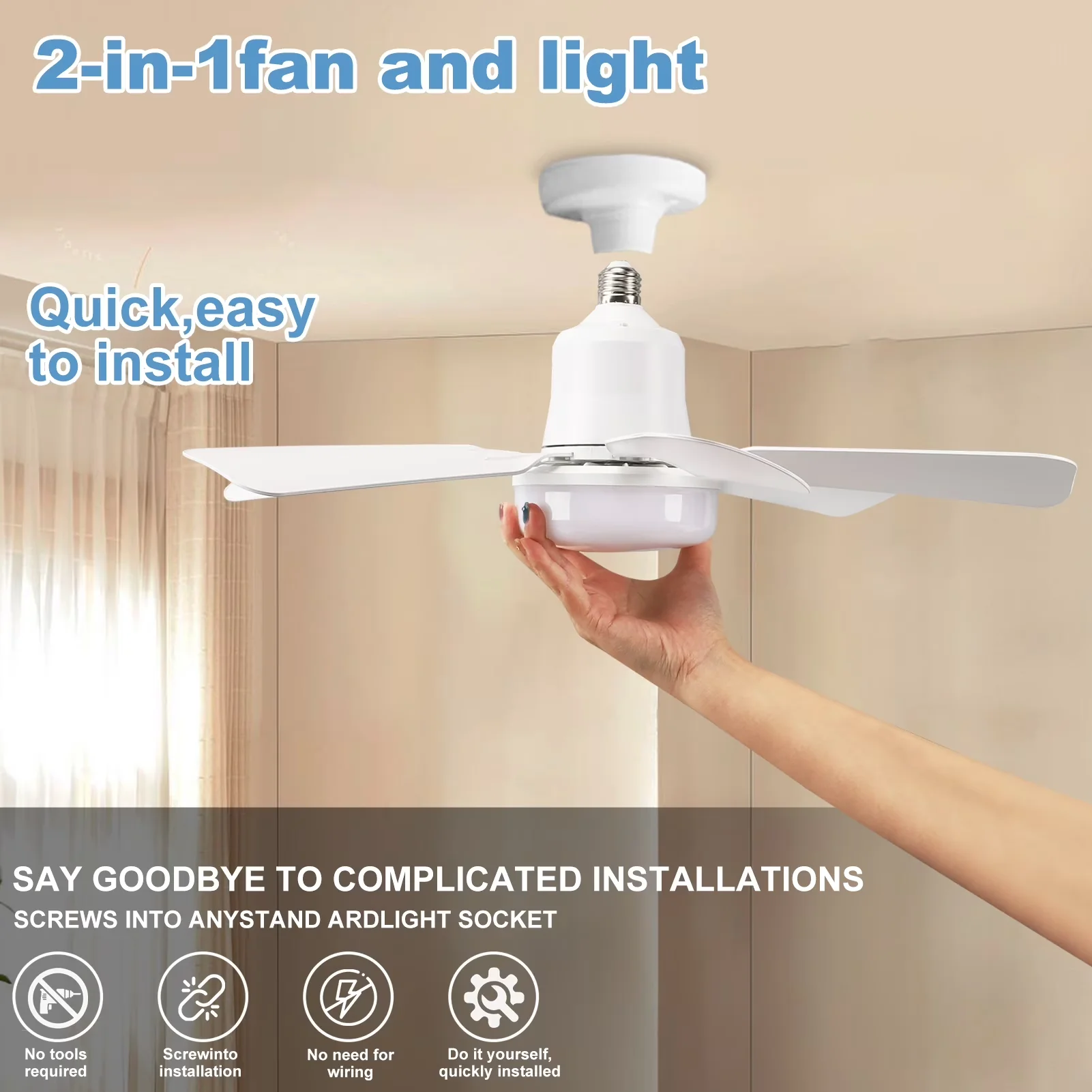 Classic Ceiling Fan with LED, Modern, Socket Light - White for Kitchen, Bedroom Model 4EAC26