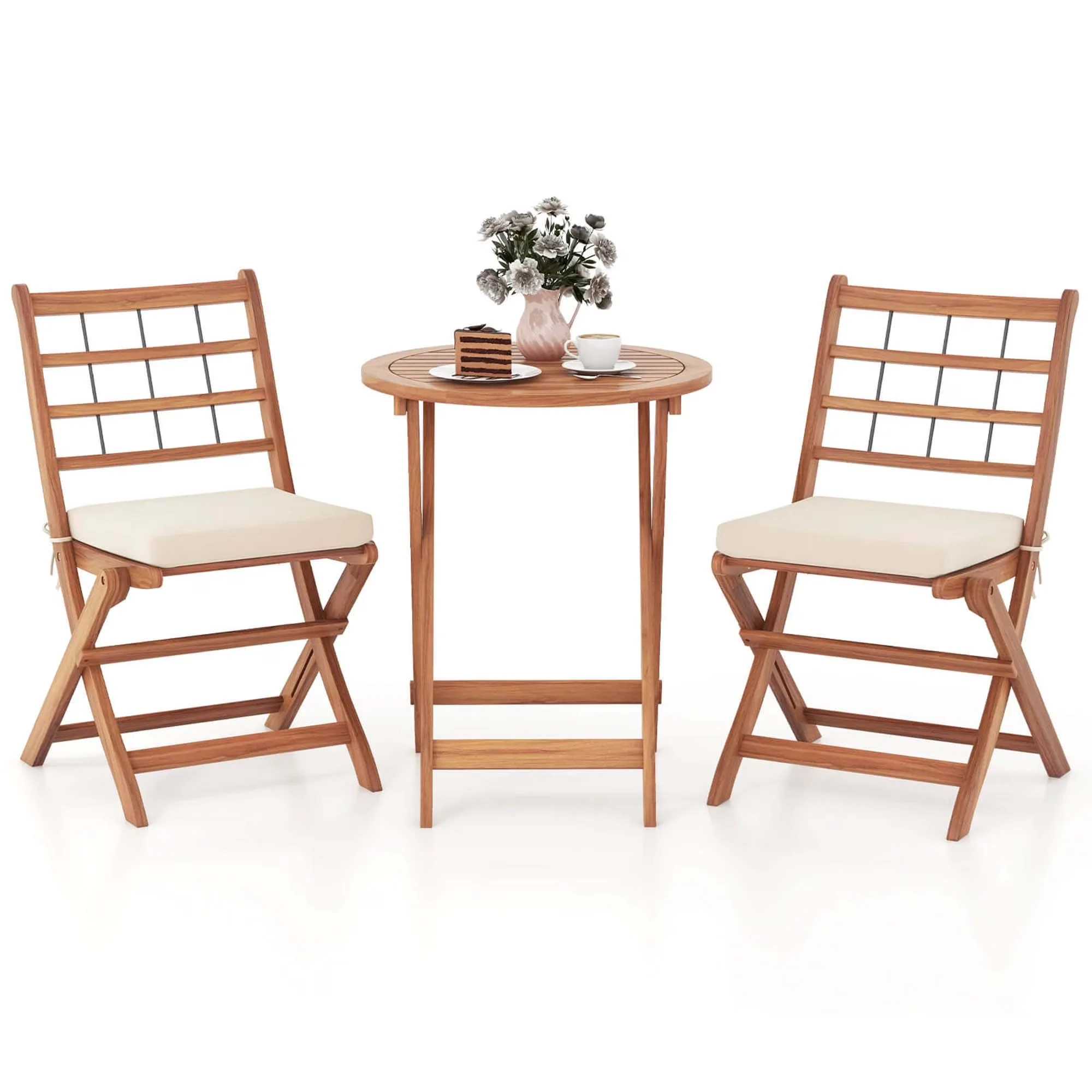 Modern Patio Dining Set with Folding Table, Cushions Off White - Acacia Wood, Polyester, Sponge, Non-Woven Fabric White Model 95F8D1