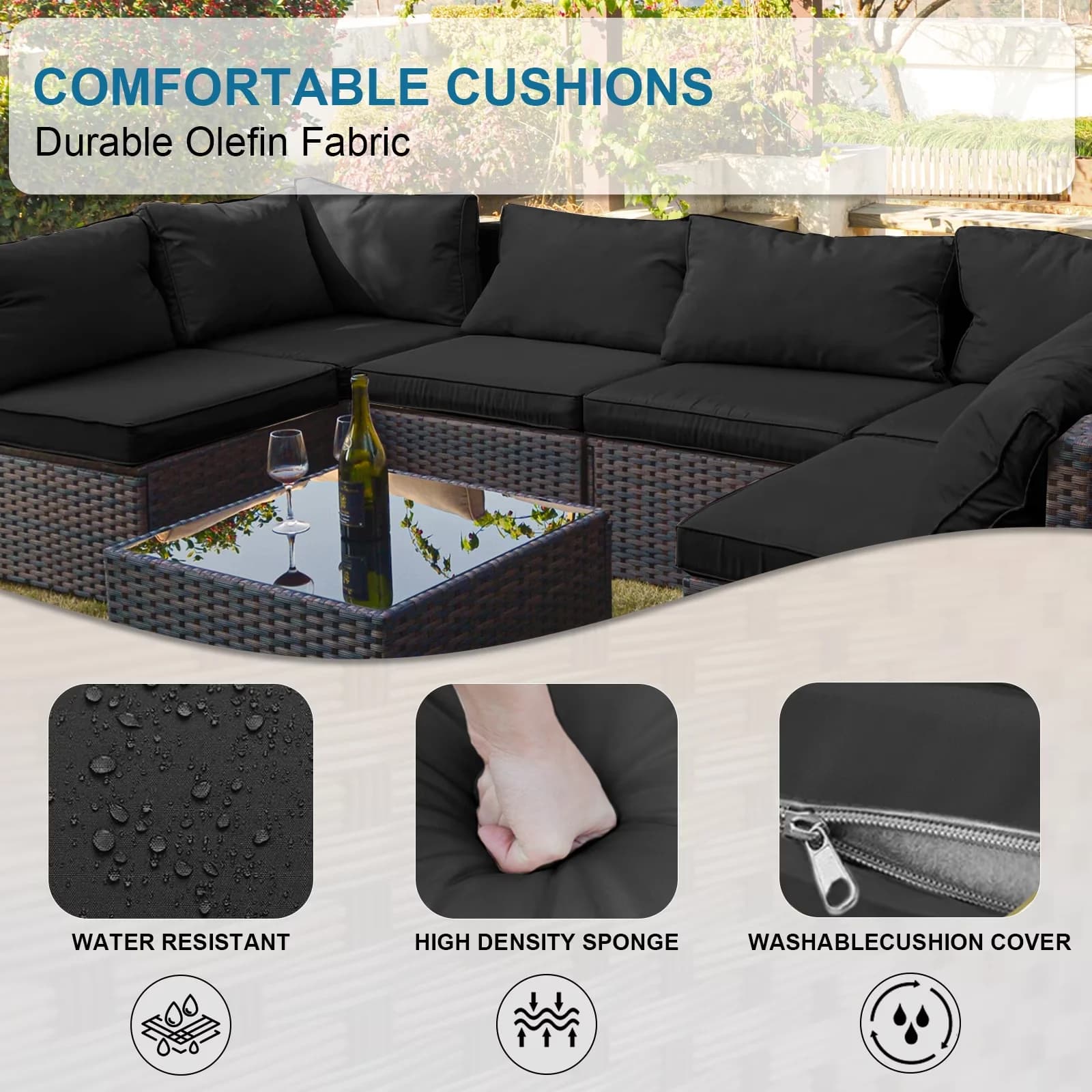 Outdoor Sofas Sectional Essential with Black - Black Wicker|Steel|Polyester, Polyester Model 38CE66