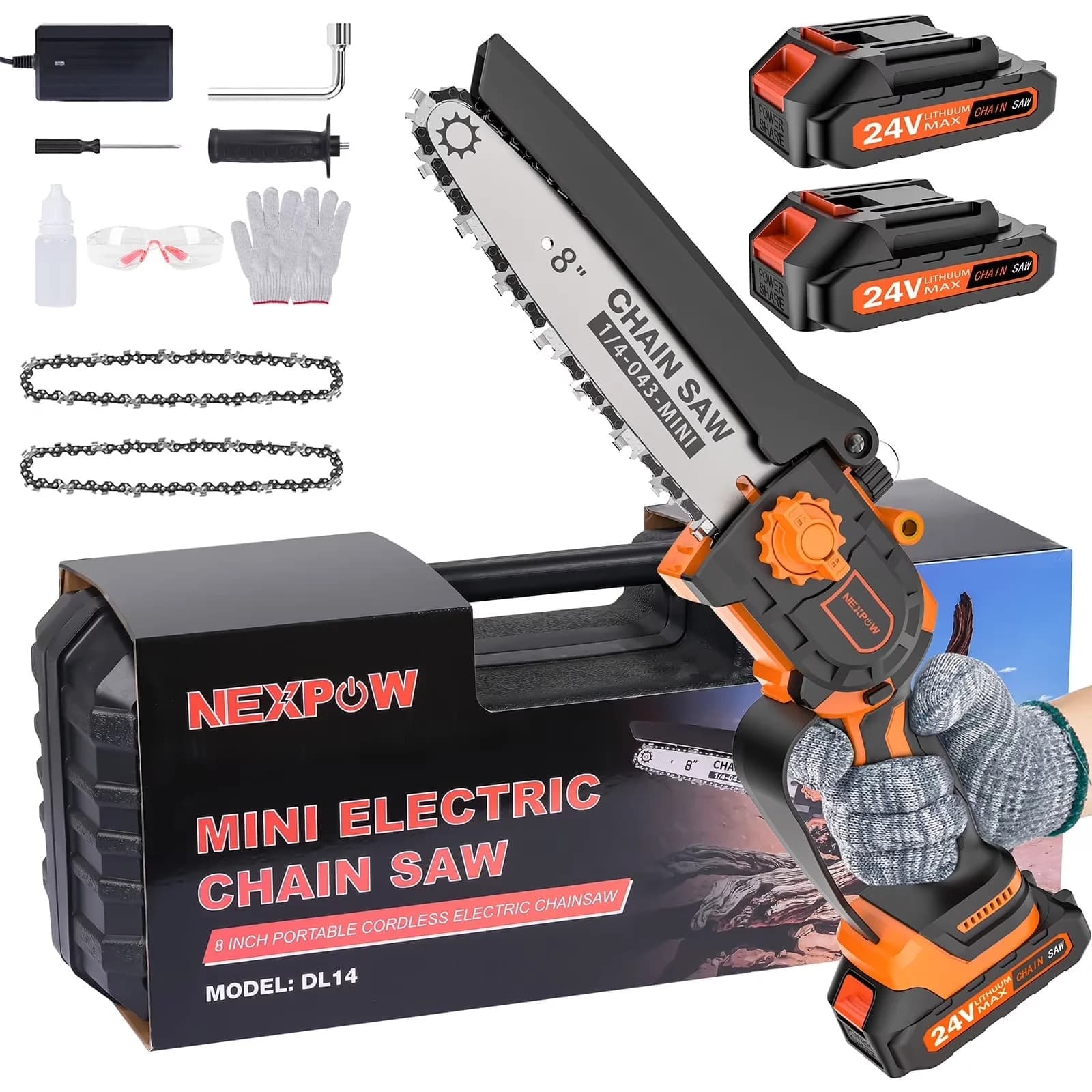 Innovative Chainsaw with Battery, 24V, 8" Mini - Orange - Easy to Use Model 55546D