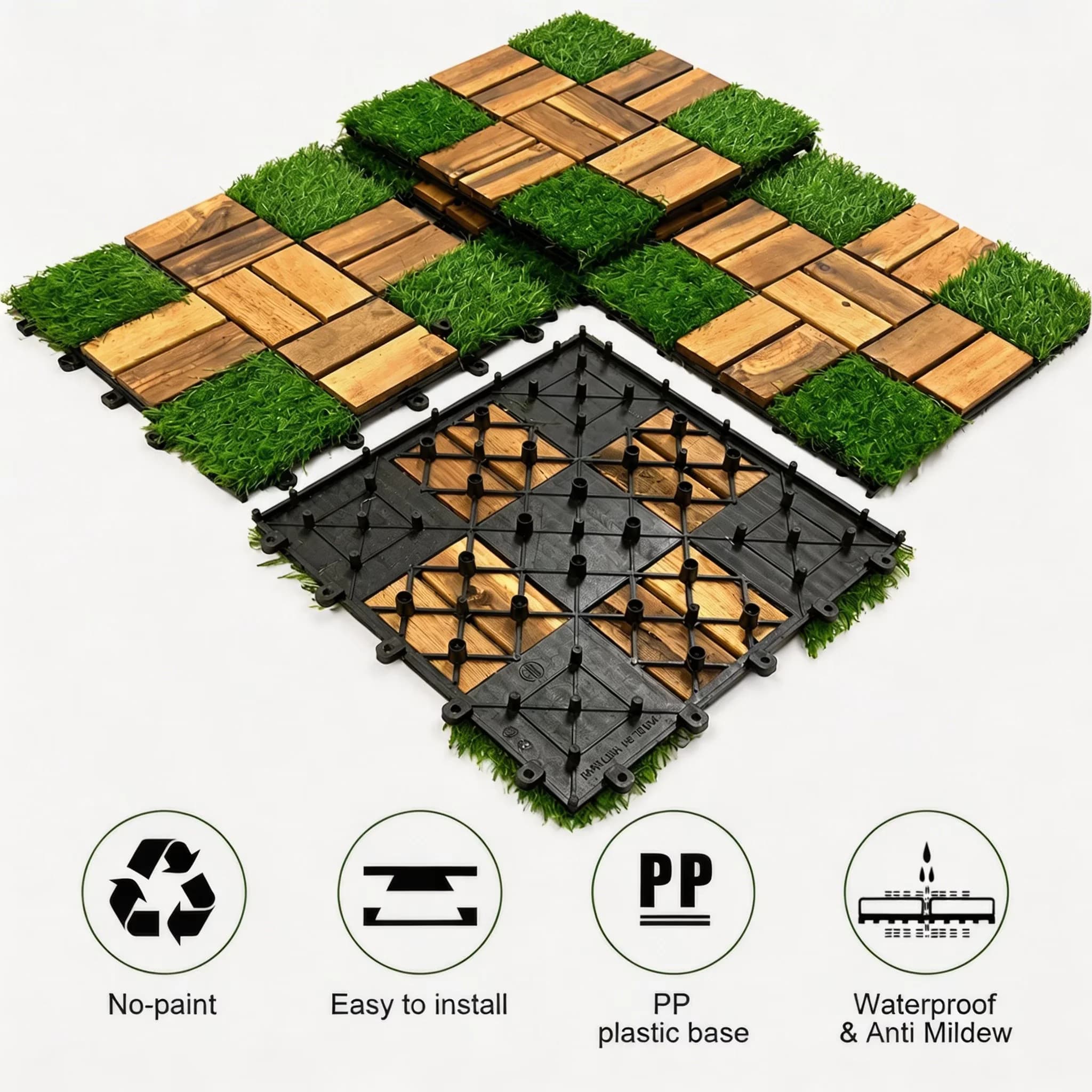 Durable Building Material - Brown Acacia Wood Surface + Polypropylene (Pp) Base + Artificial Grass Model 52069C