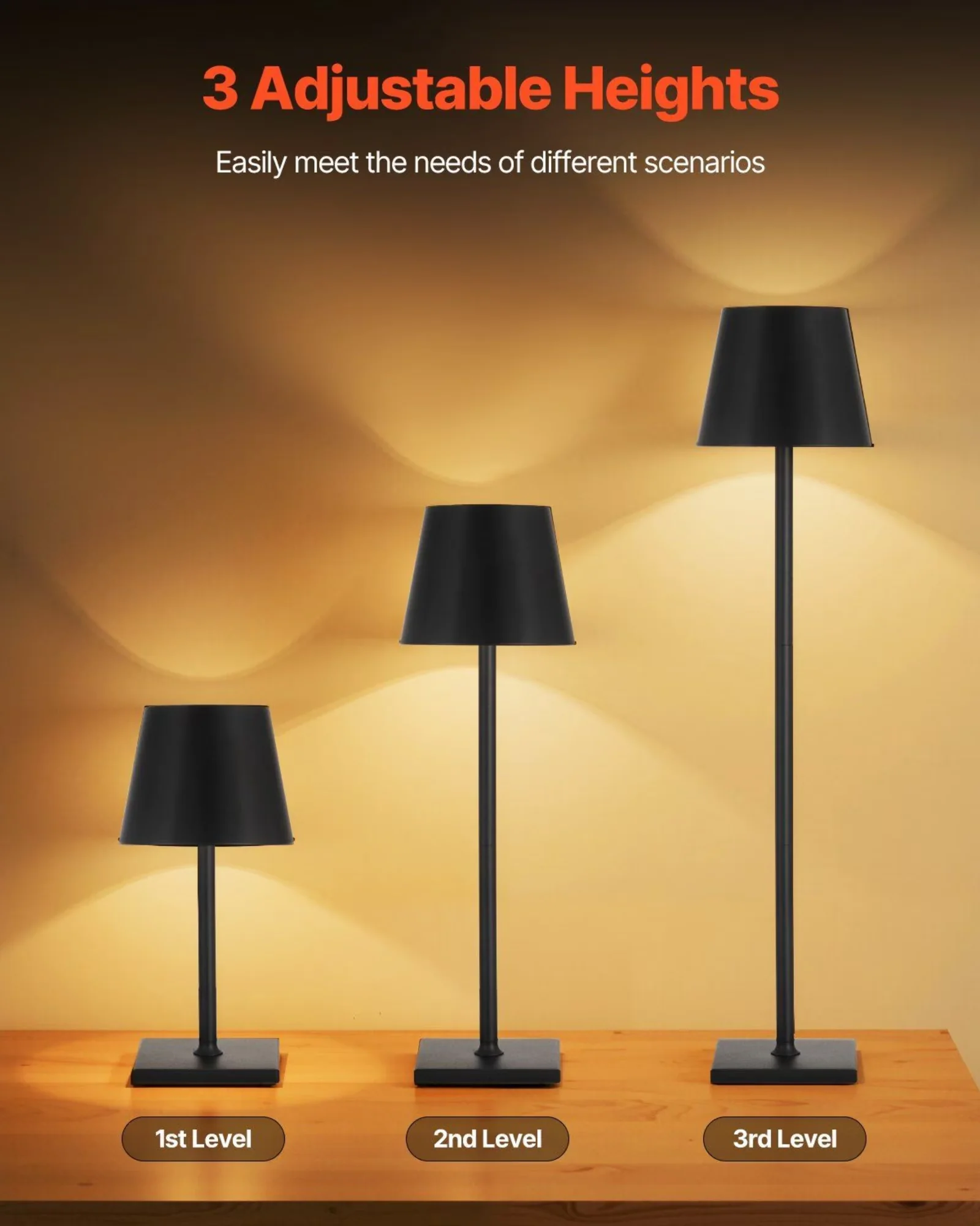 Desk Lamp Reliable with Battery, Adjustable Height, Black - Aluminum Black for Home Office Model BE7FA7