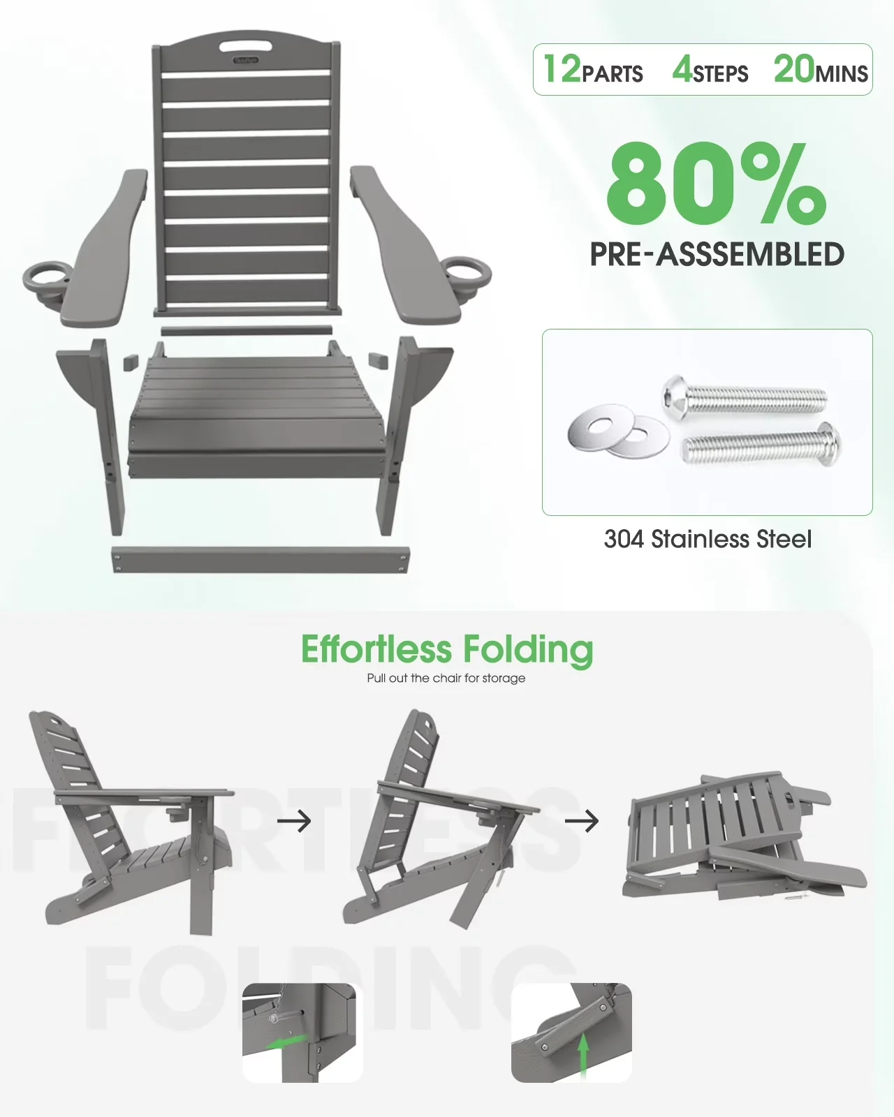 Stylish Patio Chair with Folding, Water-Resistant, Cup Holder Garden Gray - Gray Hdpe Model C43E42