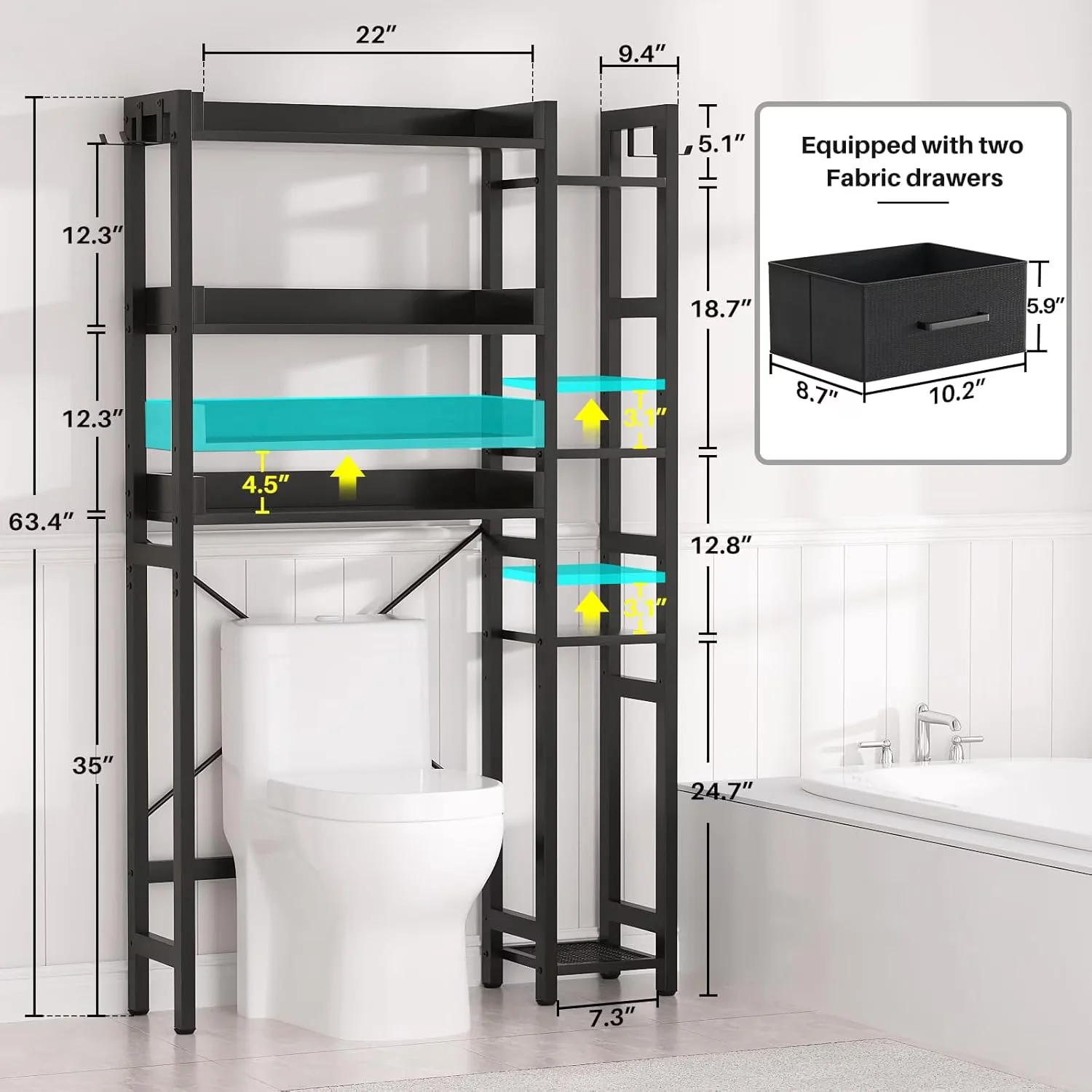 Bathroom Renovation Premium with Divided, Hanging, Over the Toilet Storage Upgraded version - Black Mdf Board, Metal Model 5AF62B
