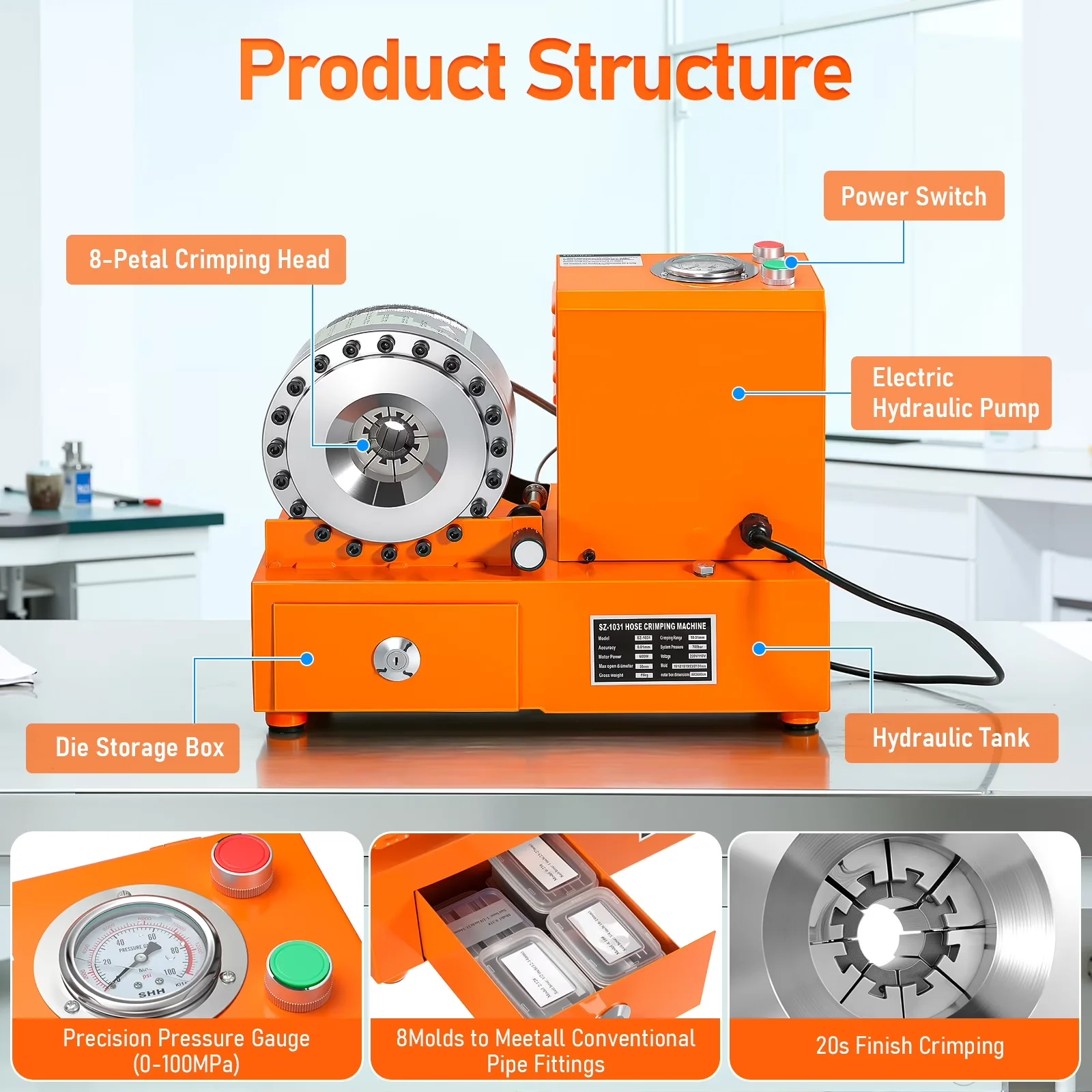 Woodworking Essential with 110V, Easy Set Up, Electric Hydraulic Hose Crimper Tool - Orange Model A9DDEE