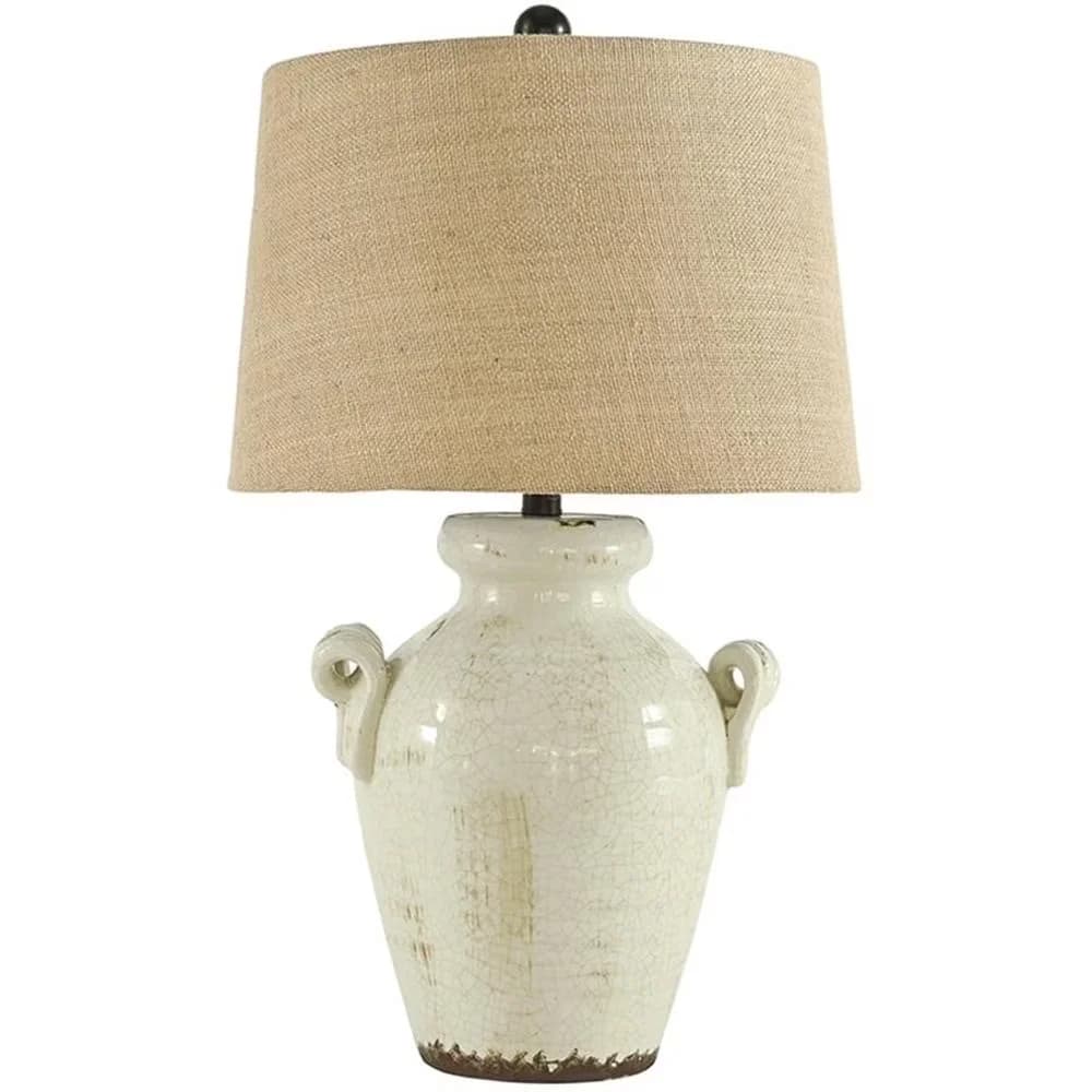 Essential Table Lamp with Incandescent, Cottage, Ceramic Cream Drum Shade 27" - Yellow Ceramic Model D282FB