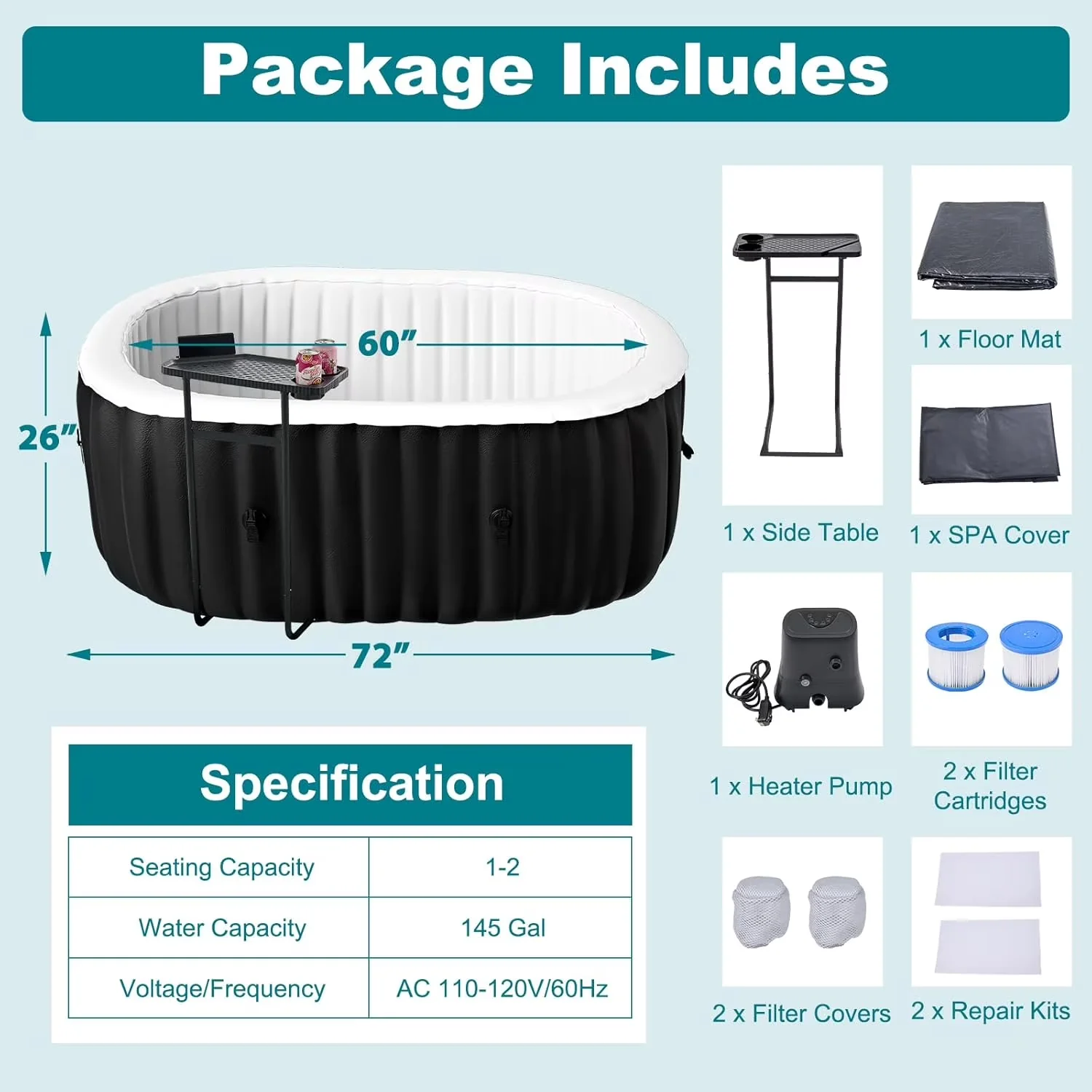 Efficient Hot Tub with Insulated, Inflatable, Inflatable 75"x47"x25" - Black Model 168976