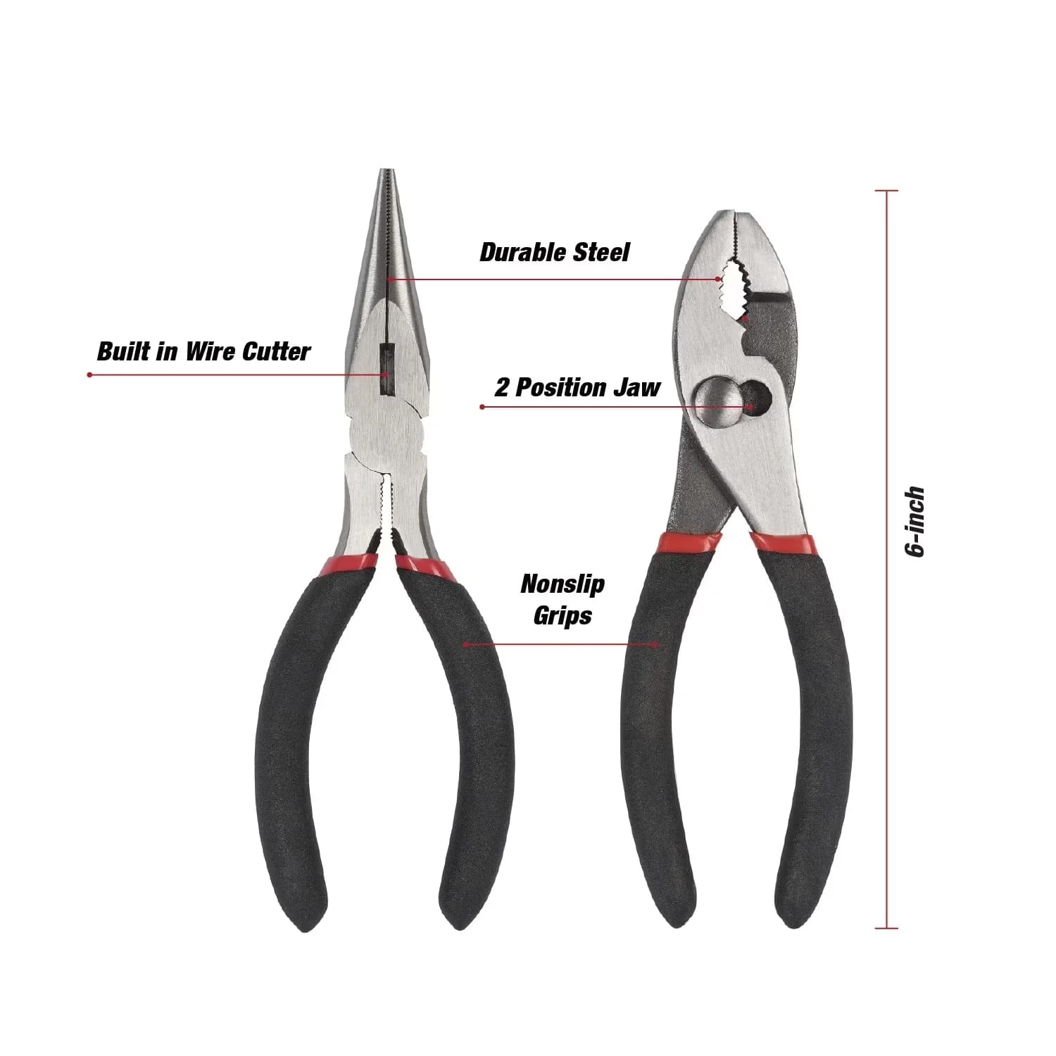 Efficient Hand Tool with Ergonomic Handle, Easy To Operate, 2-Piece 6-inch Pliers Set - 6" Model 29147B