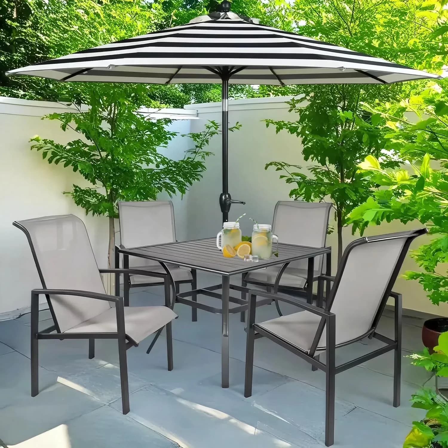 Essential Patio Dining Set with Modern, 5-Piece Outdoor - Black Cast Iron, Mesh Fabric Model 570B98