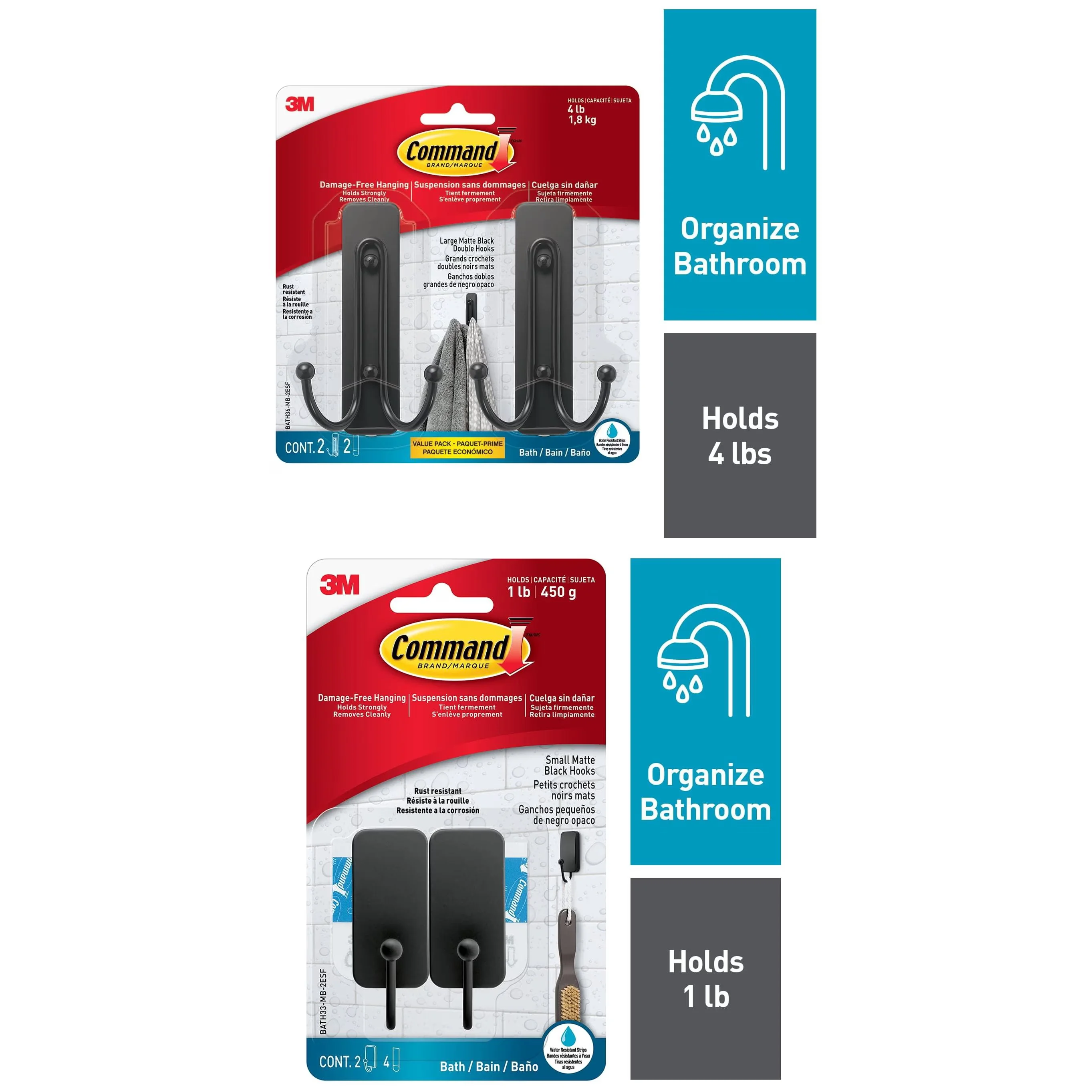 Classic Damage-Free Hanging with Wall-Mountable, Easy Installation, Bath Large Matte Black Double Hooks - Black Plastic Model E7C3A6