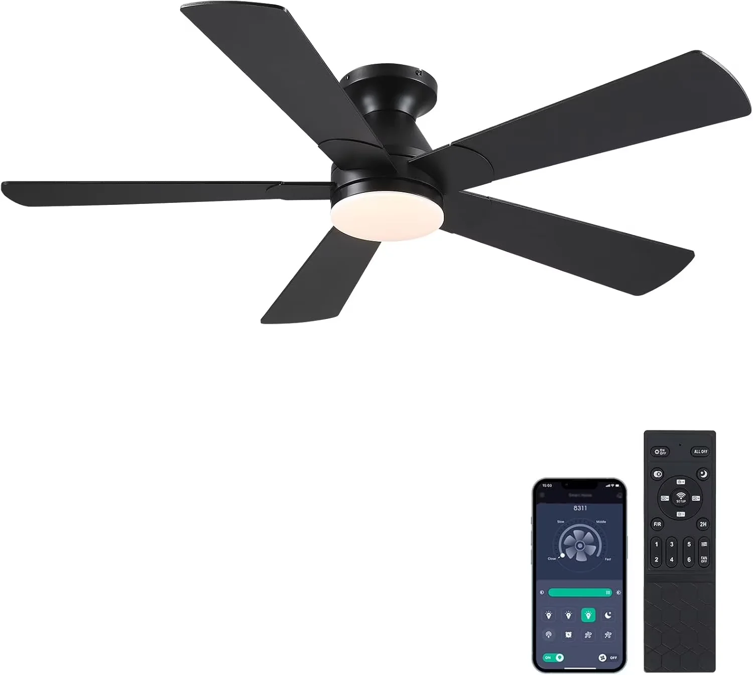 Ceiling Fan Versatile with LED, Universal, Remote Dimmable LED 5 Blade Black for Living Room, Bedroom - Model E1DF46