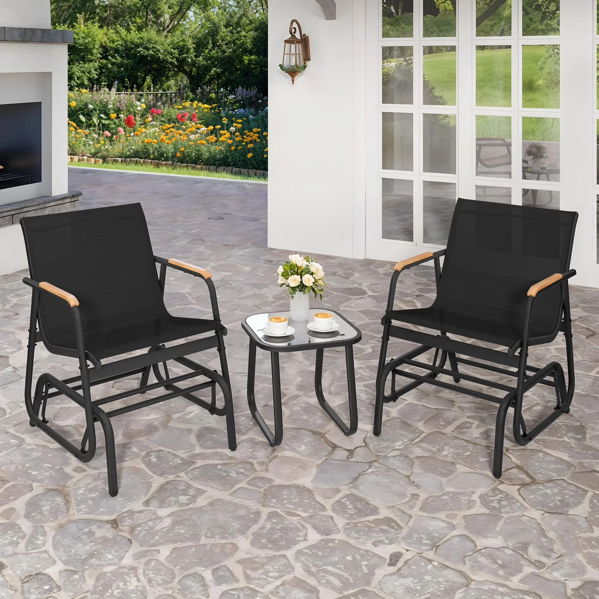 Compact Patio Dining Set with Outdoor Textilene Glider Chair, Black, Coffee Table - Textilene,Metal Model 0CFADD