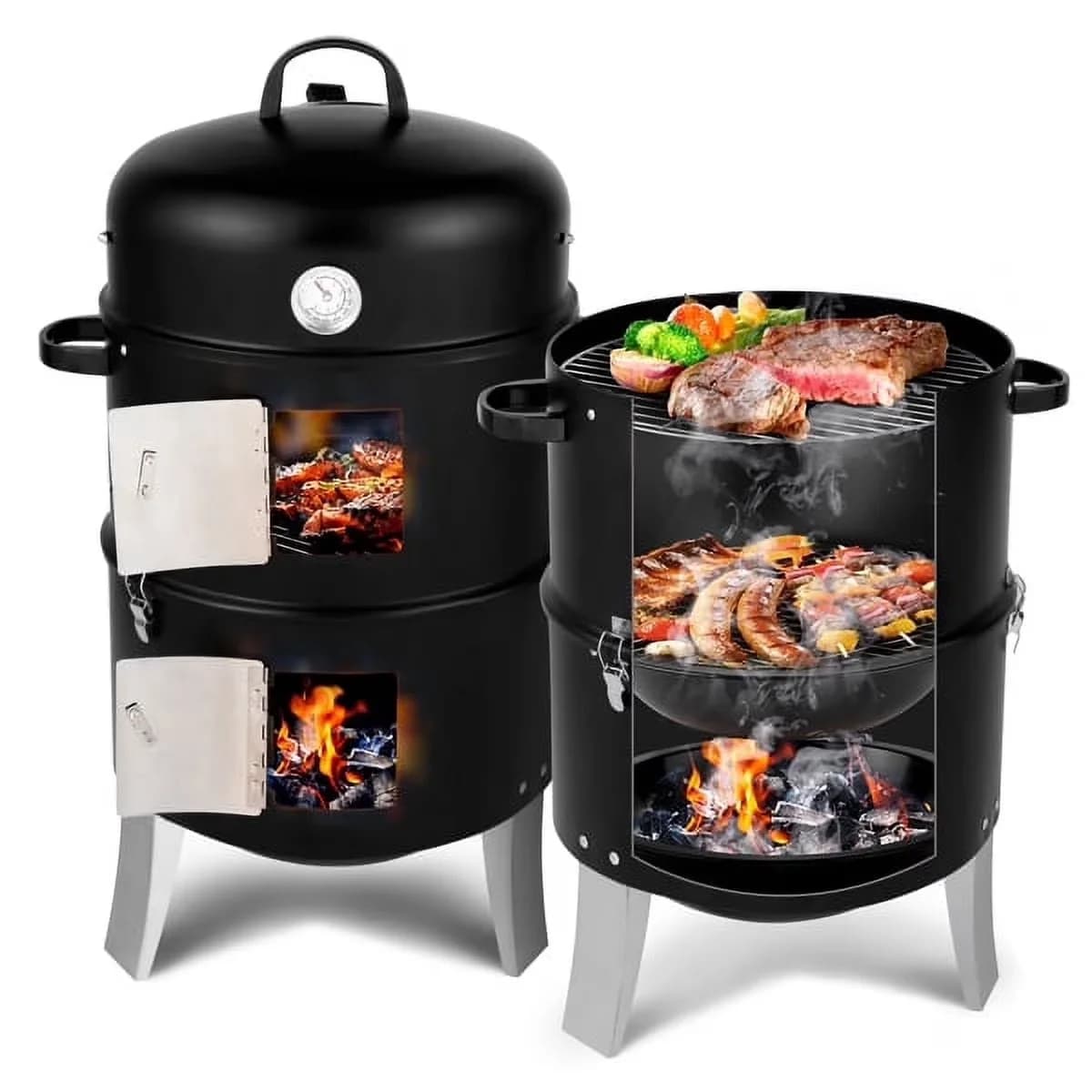 Stylish Smoker with Adjustable Charcoal Tray, Warming Rack, Locking Lid - Black Stainless Steel, Iron for Outdoor, Camping Model 2DBDA3