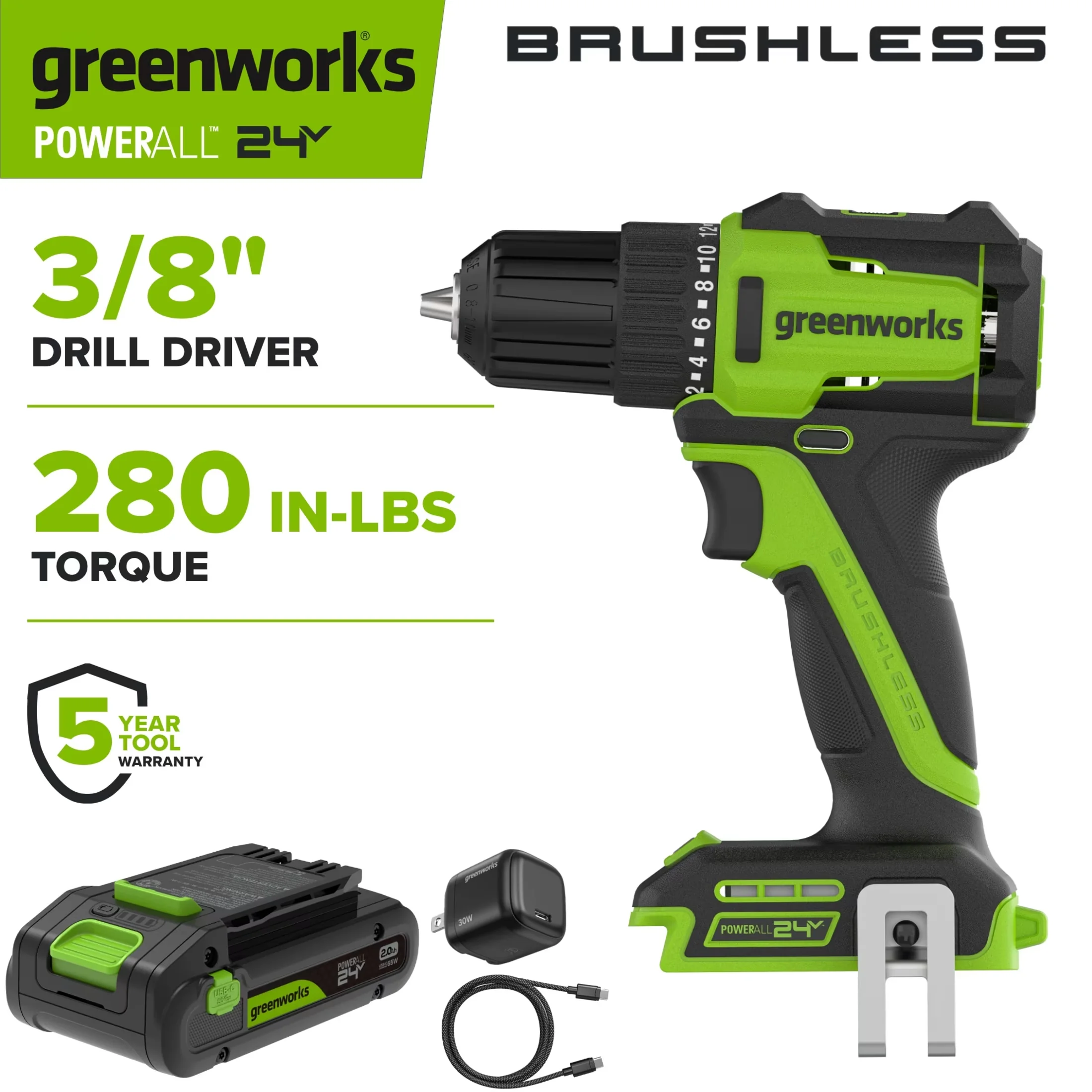 Innovative Drills Driver with Battery, 30W, 2Ah USB-C Battery - Black 24V Model 472C2E