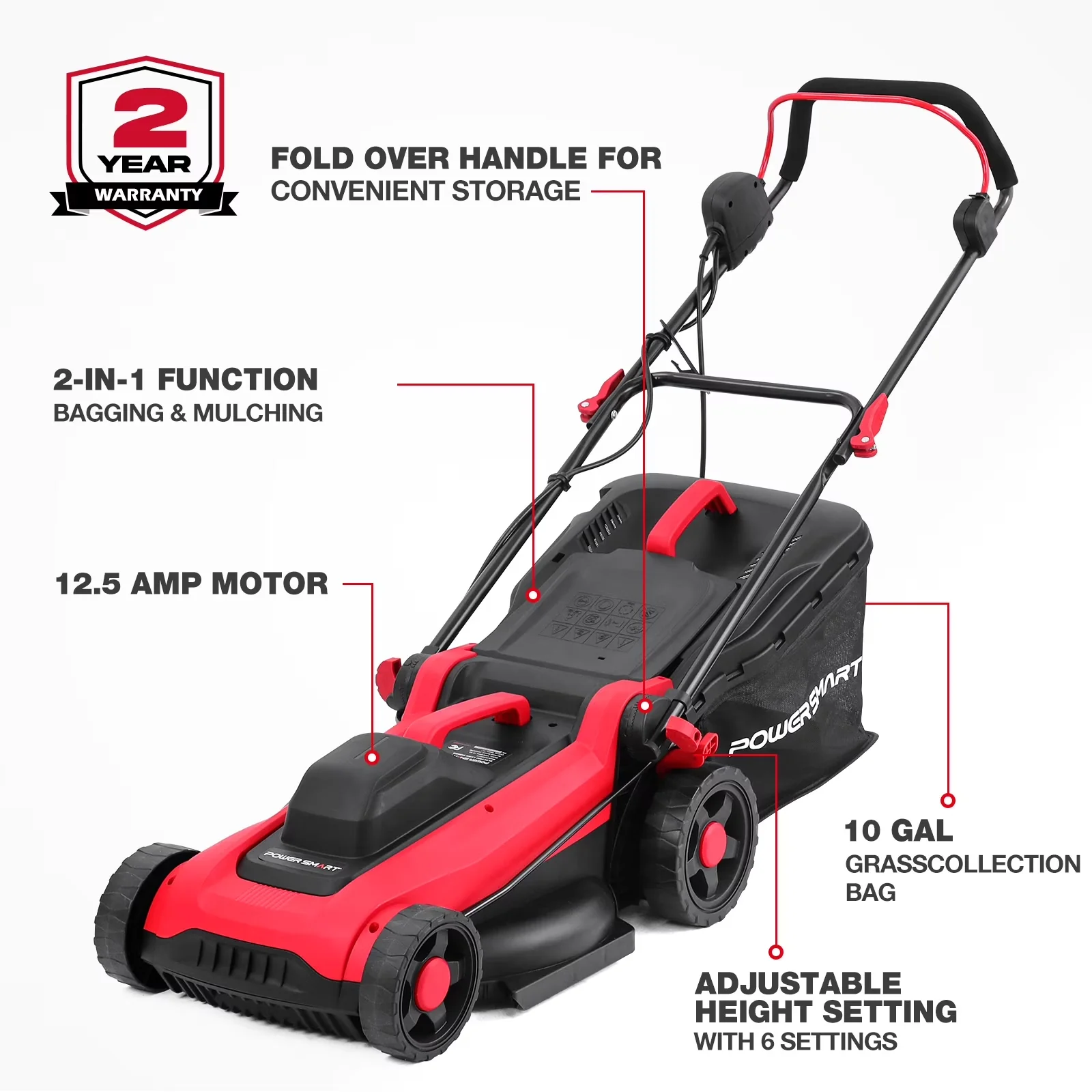 Quality Push Mower with Bagger, Adjustable Cutting Height, 14" Electric Lawn - Red Model 469EA9