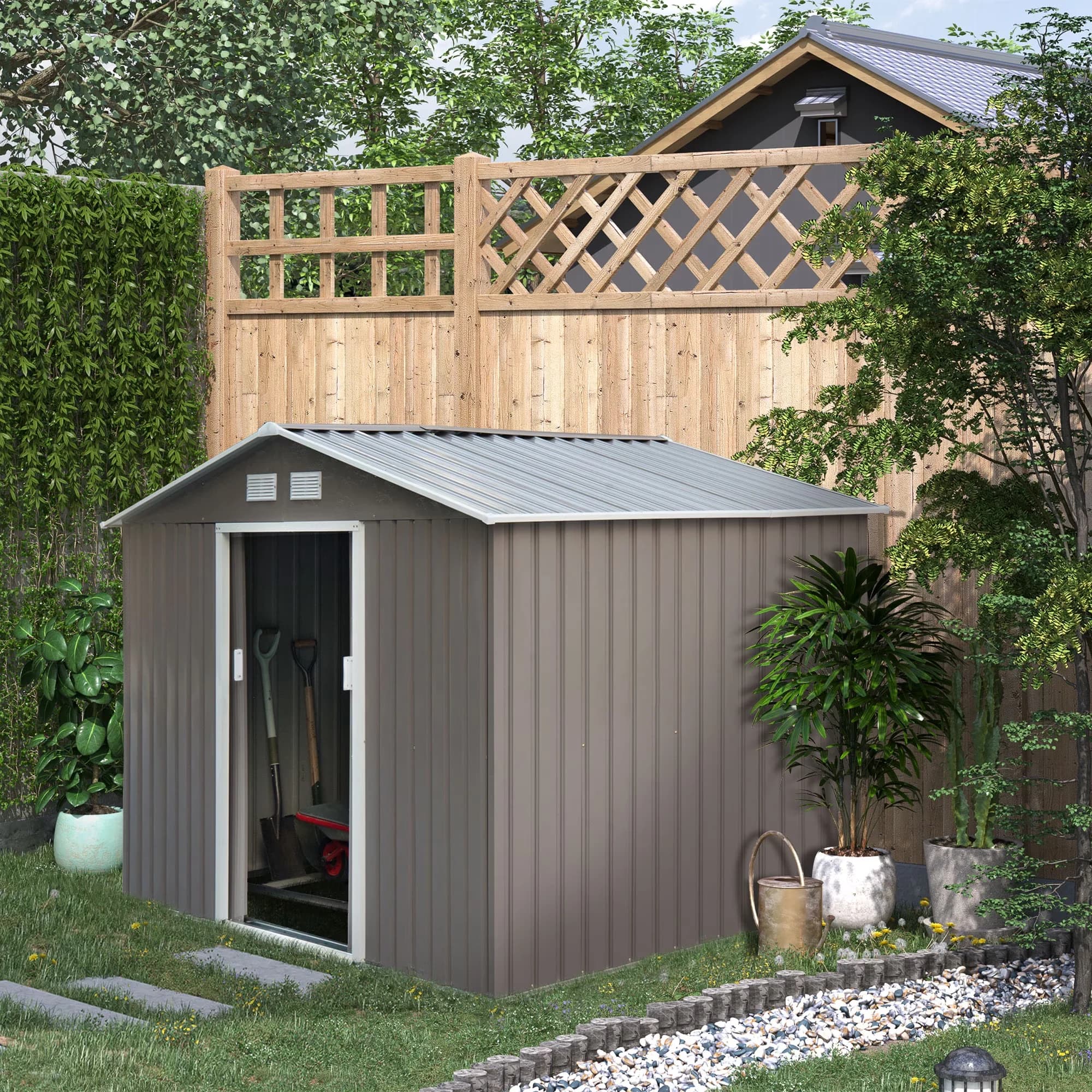 Modern Shed with Rust Resistant, Prefabricated assembly kit - Galvanized Steel, Polypropylene Gray Model 592C3D