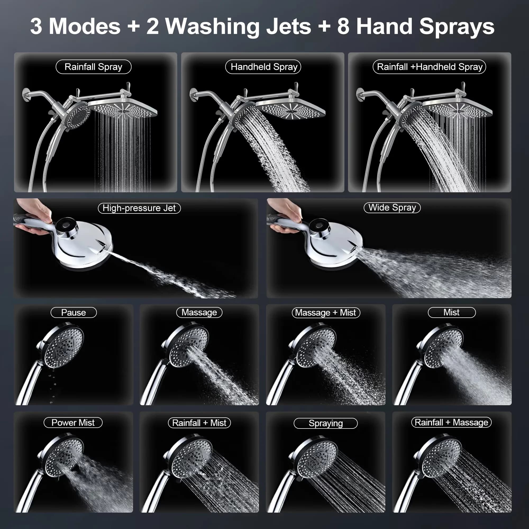 Shower Head Durable with Easy To Clean, Adjustable, 12"High Pressure Rain - Chrome Silver Model B74F96