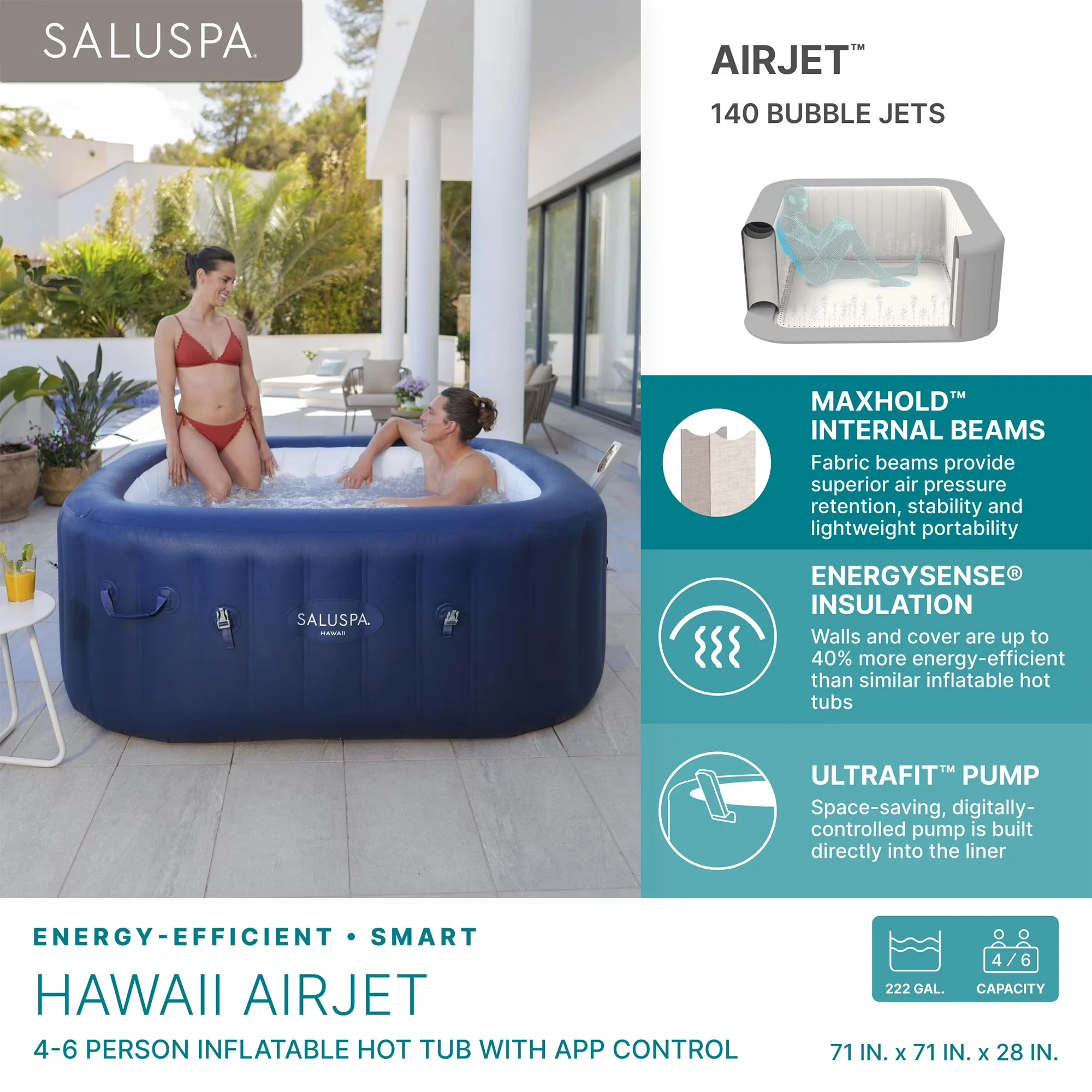 Hot Tub Premium with Inflatable, 71 in x 28 in, Square 4-6 Person - Rustic Charm Model 03A488