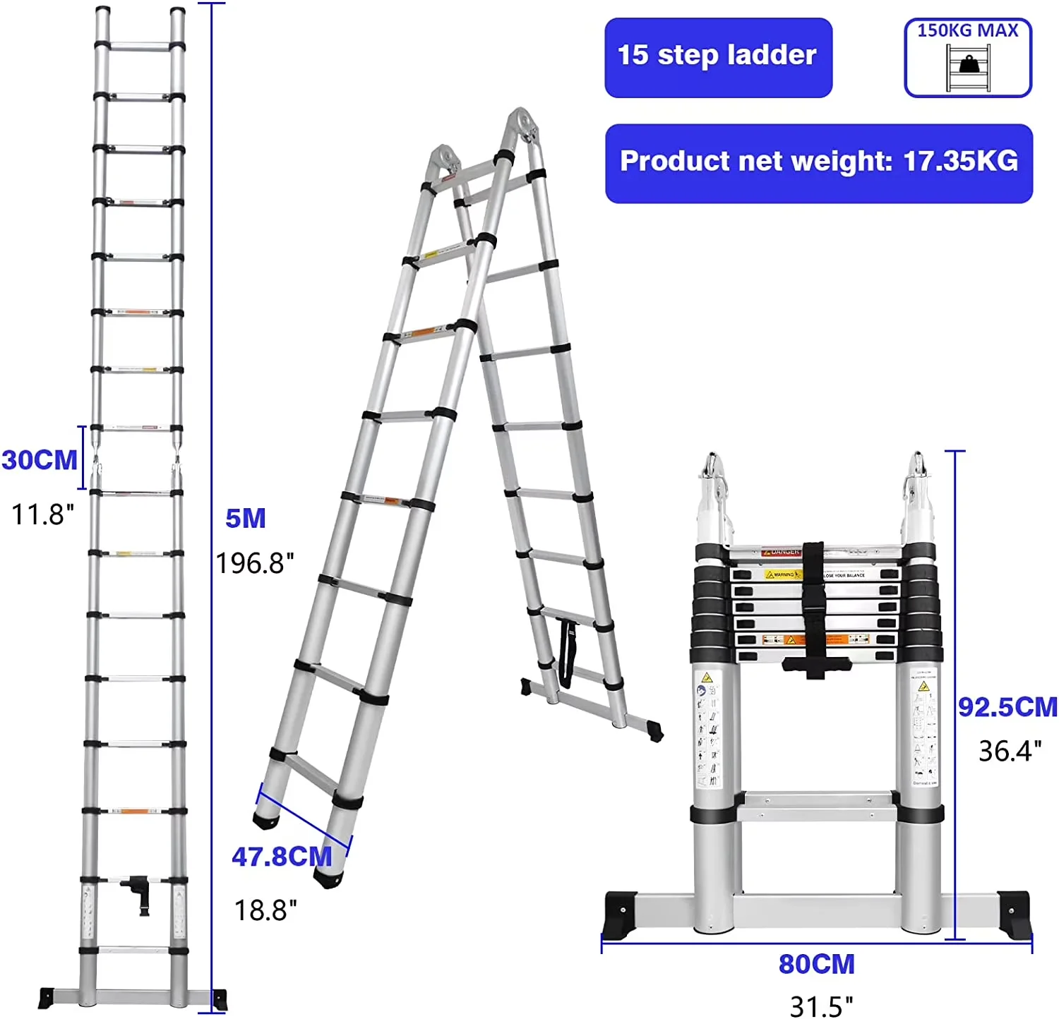 Ladders And Step Stool Compact with Stabilizer Bar, 16.5 ft - Stainless Steel Model 8138F0