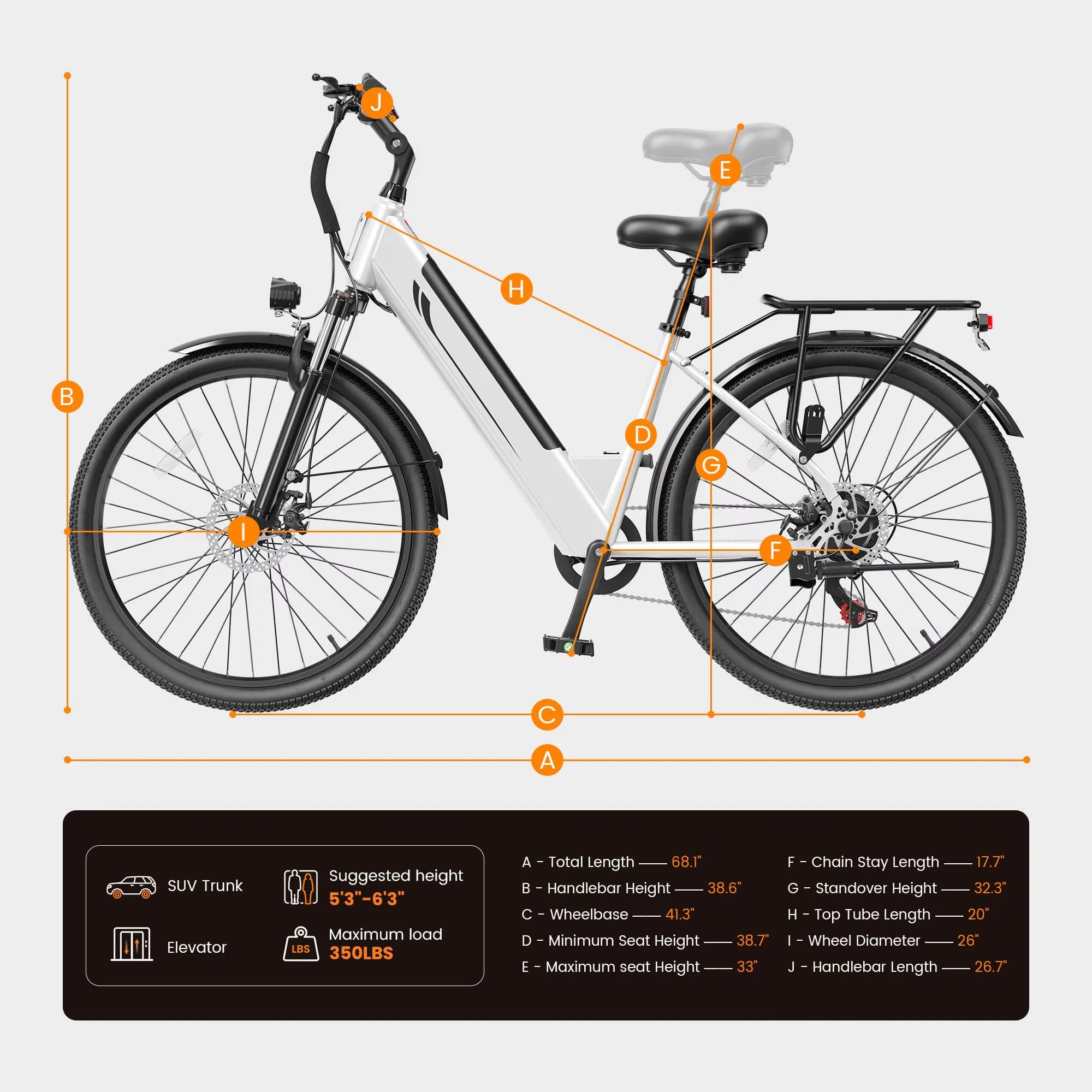 Efficient Electric Bike with Battery, 1200W, 26" - White - Modern Design Model BDDCB5