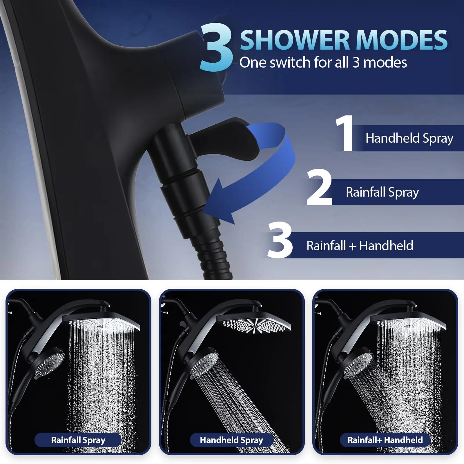 Shower Head Professional with 12 Inch, Magnetic Docking, 9 Modes Handheld - Abs, Stainless Steel Black for Bathroom Model DD2312