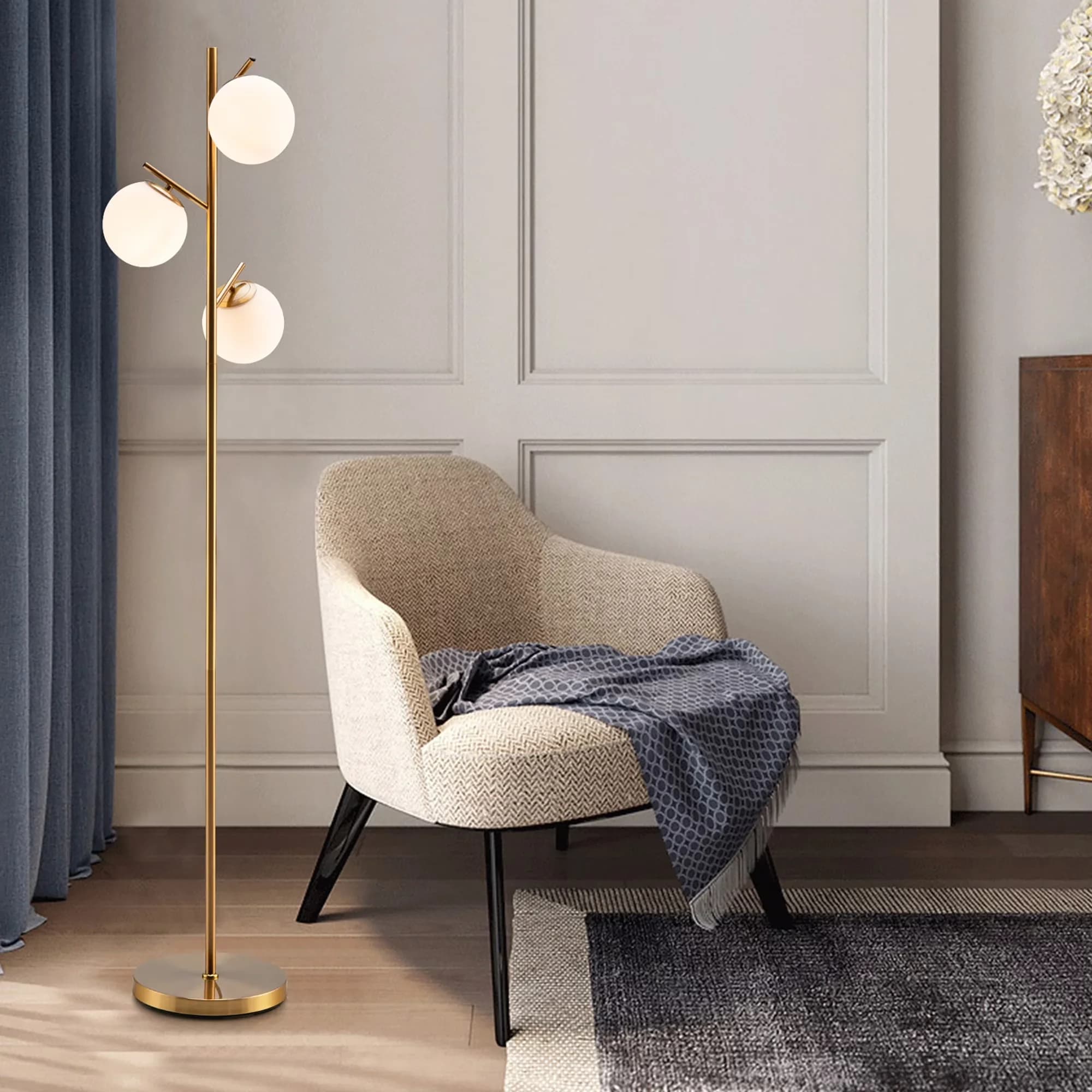 Floor Lamp Compact with LED, Adjustable Height - Gold Steel + Glass Globe Model 6209A9