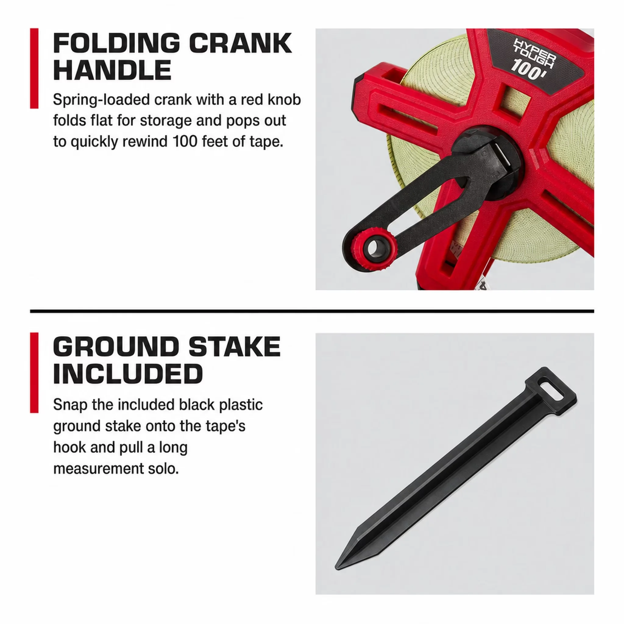 Durable Measuring Layout with Durable, Ground Stake, 100-Foot Fiberglass Tape Measure - Red Fiberglass Model 5CEB53