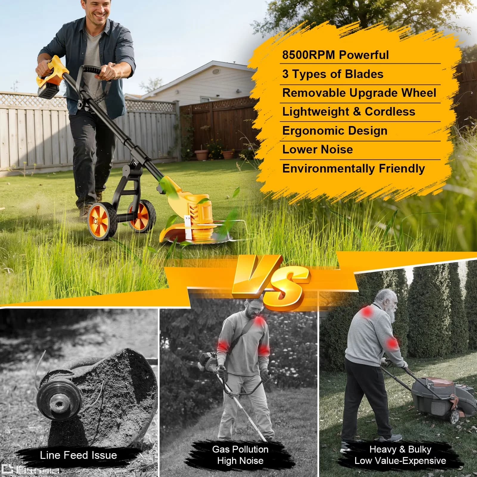 Professional String Trimmer with Battery, 21V, Extendable - Yellow-E for Garden Model 4050A5