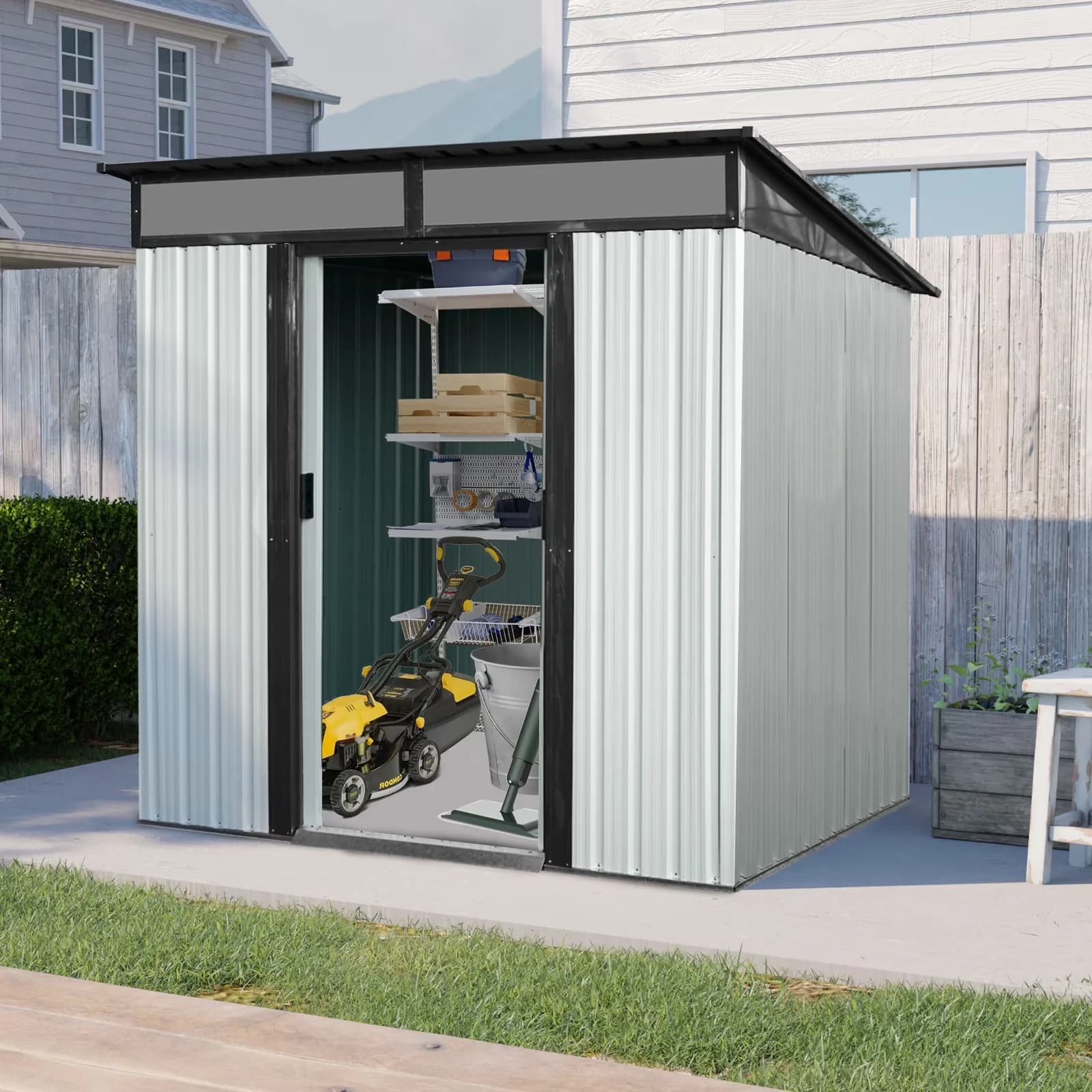 Sleek Shed with Lockable Door, 6 x 5 Ft Outdoor Storage Metal Garden, Sliding Doors and Transparent plate - Iron White for Garden Model FA4EE0