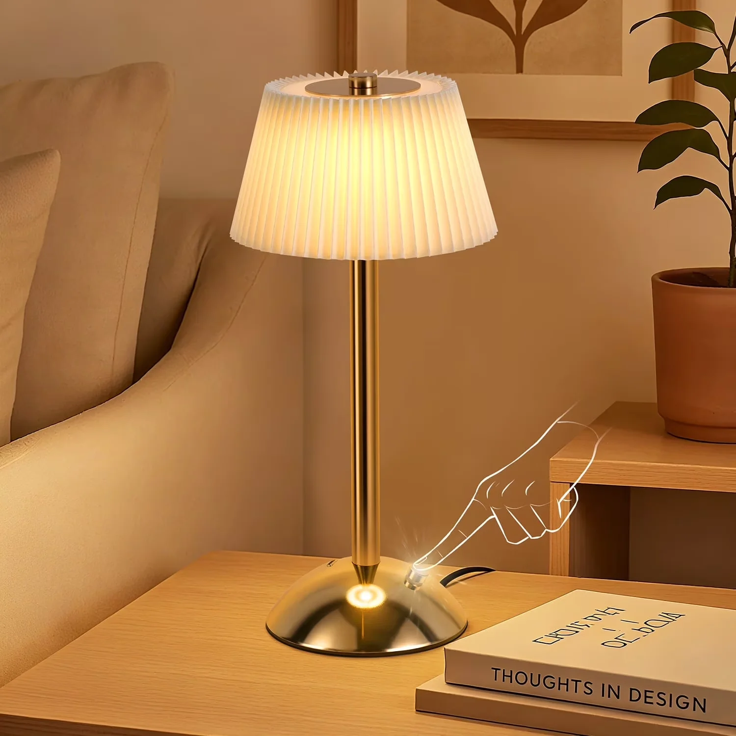Lamp Premium with LED, Battery, Touch Sensor - Gold Fabirc, Metal for Living Room, Bedroom Model 976EEE