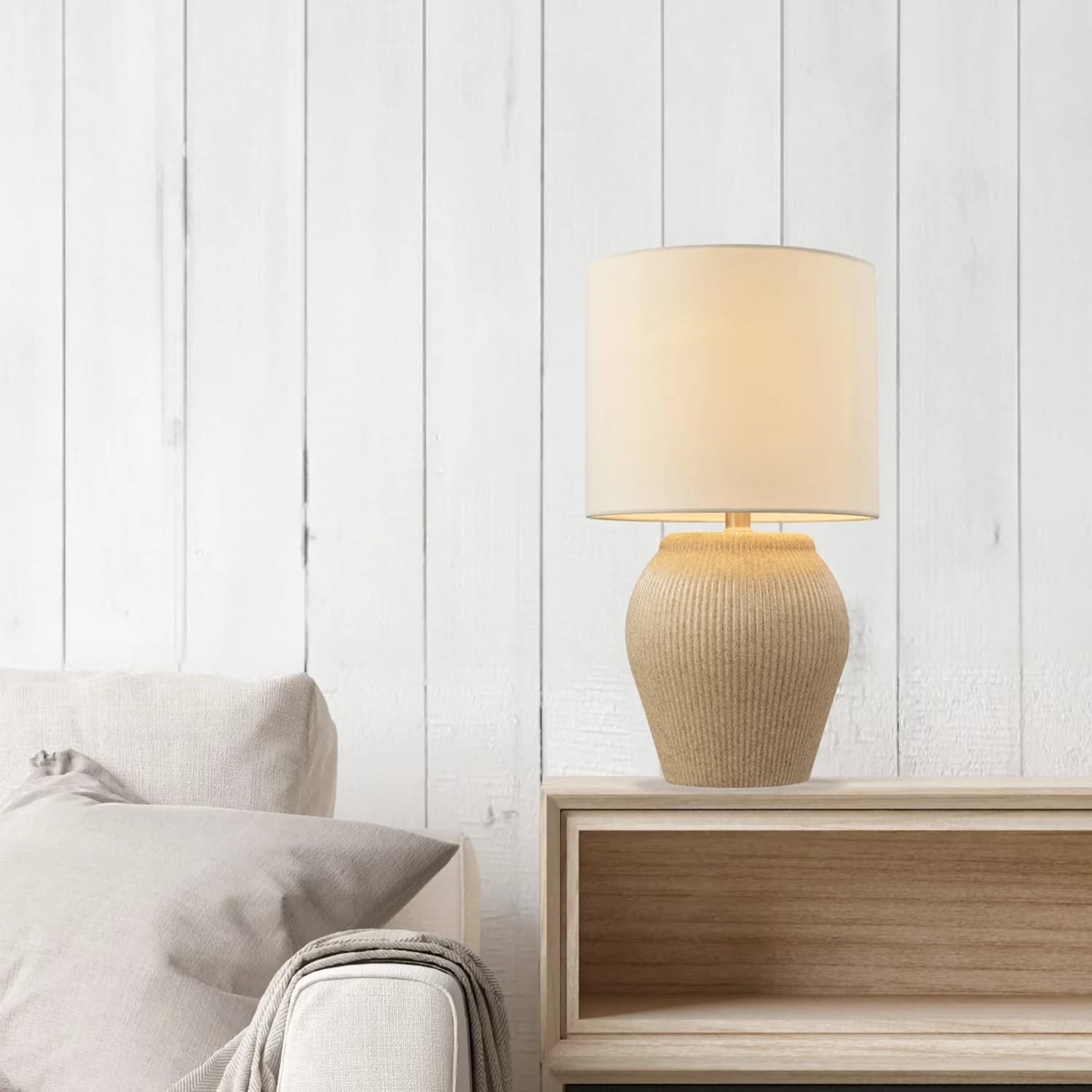 Durable Table Lamp with LED, Modern, 18" Soft Beige Ceramic - Ceramic Beige, White Model 90EF8C