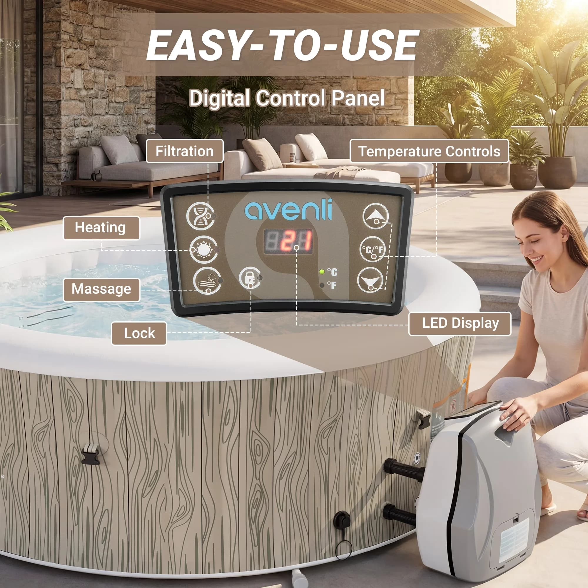 Modern Hot Tub with Led Display, Inflatable - Brown for Outdoor 6-8 - Heavy Duty Model 523923