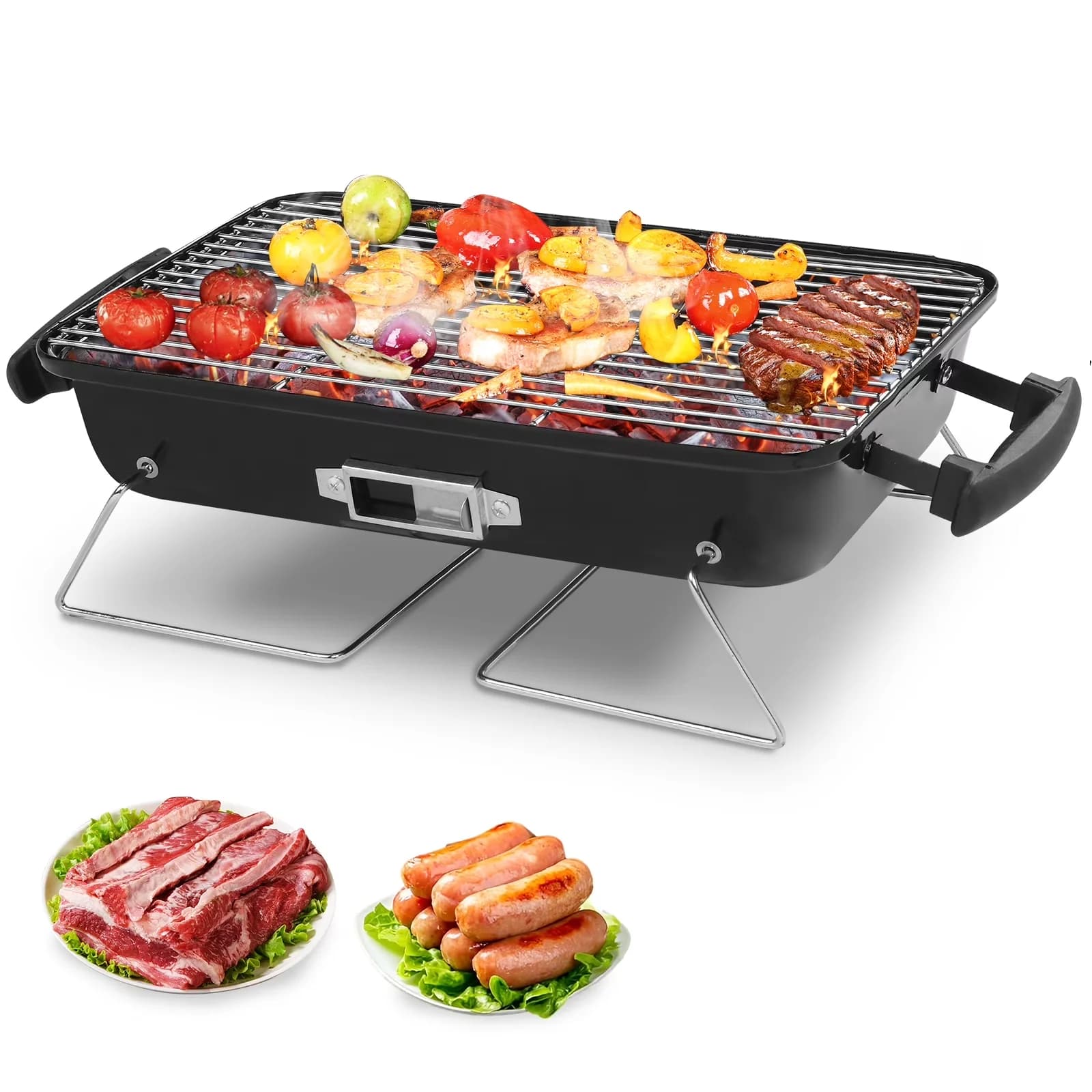 Sleek Flat Top Grill with Foldable, Portable - Black Enamel Steel Body, Chrome-Plated Grate, Stainless Legs for Camping Model 3367C7