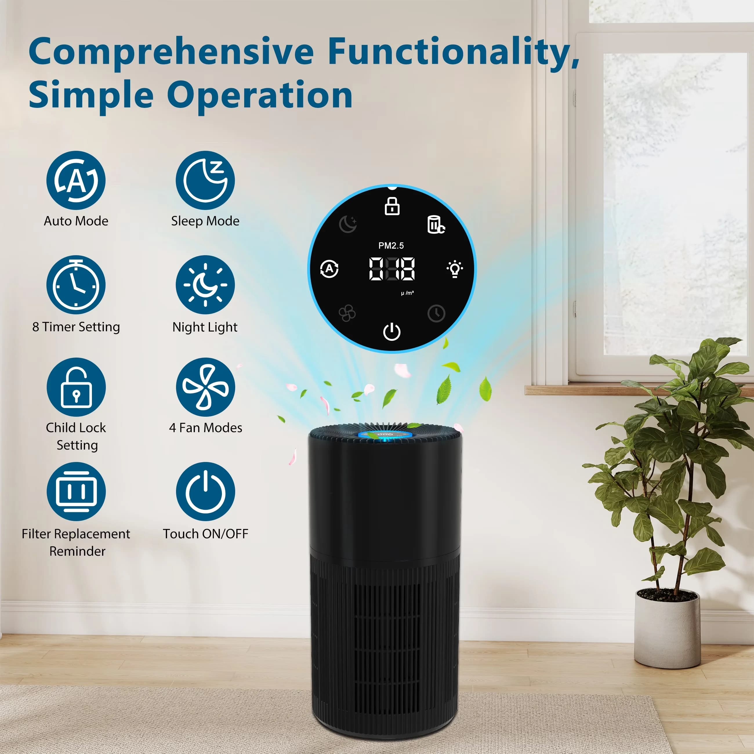 Classic Air Purifier with Filter Change Indicator, Variable Speed - Black for Home Model 98D61E