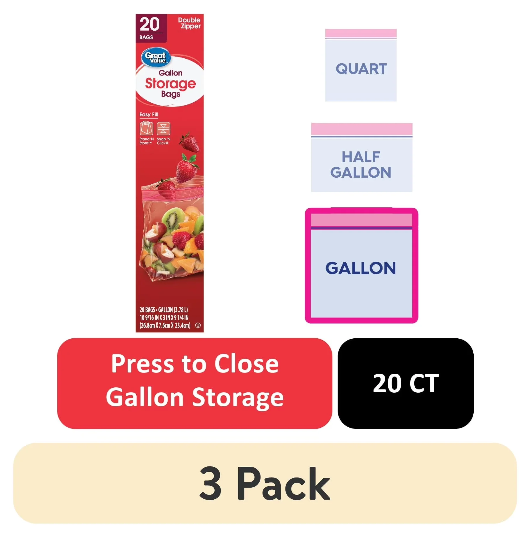 Sleek Moving with Leakproof, Gallon, 20 Count - Plastic Clear 3 pack - Easy to Use Model 38B759