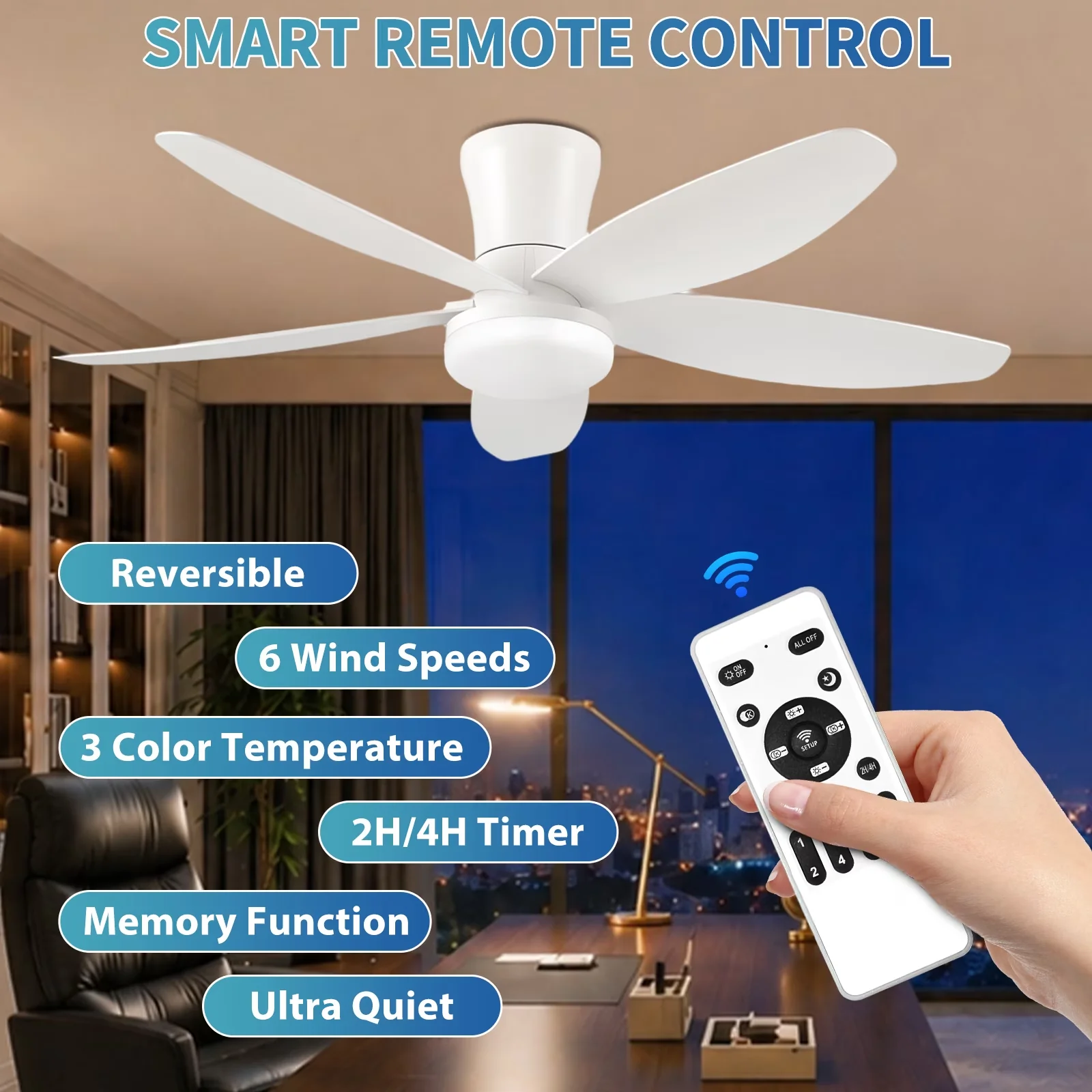 Ceiling Fan Stylish with LED, Energy Efficient - White for Bedroom, Kitchen Model 444CC6