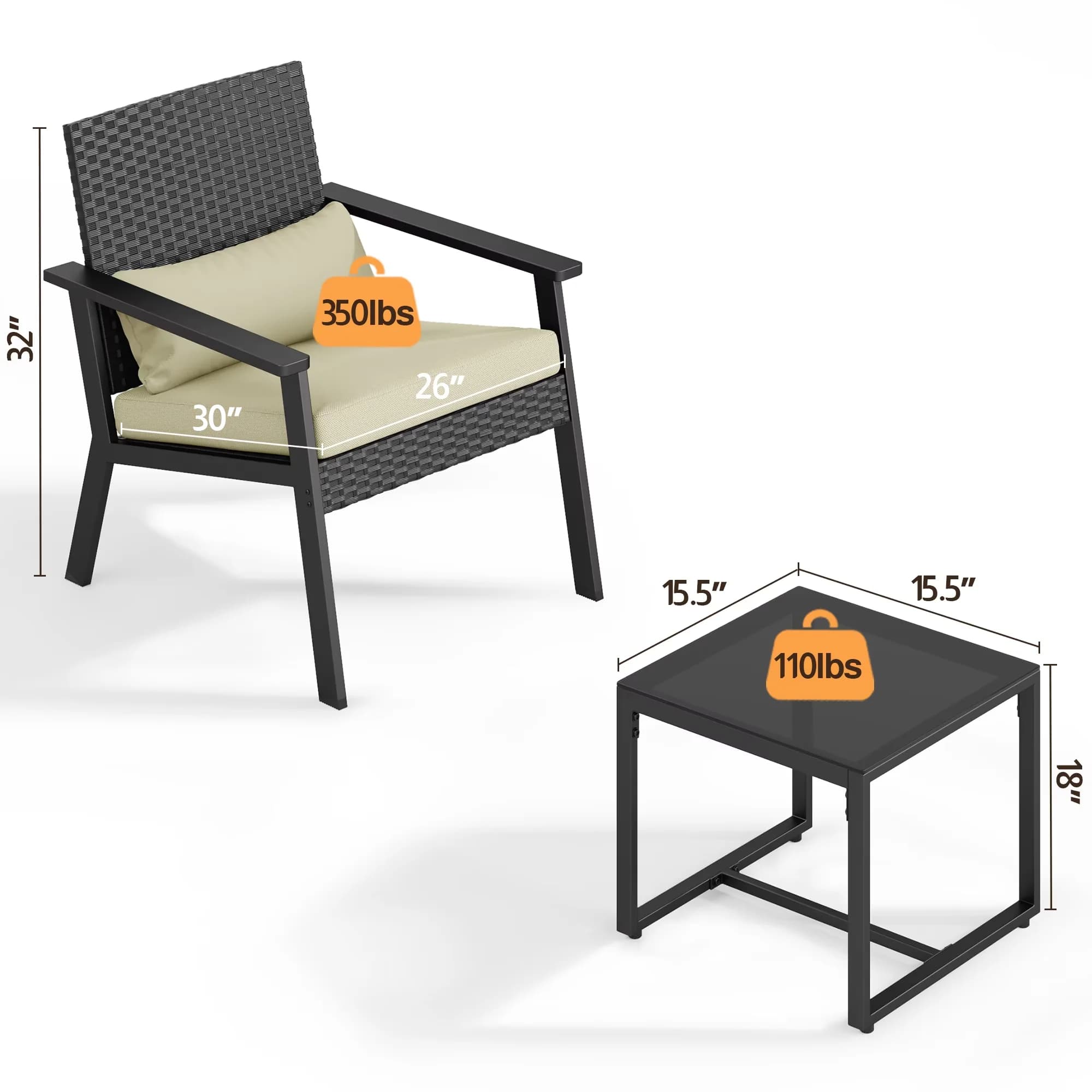 Efficient Patio Conversation Set with Clear Glass Table - Beige Pe Rattan + Sponge+ Dacron Model 5465D6
